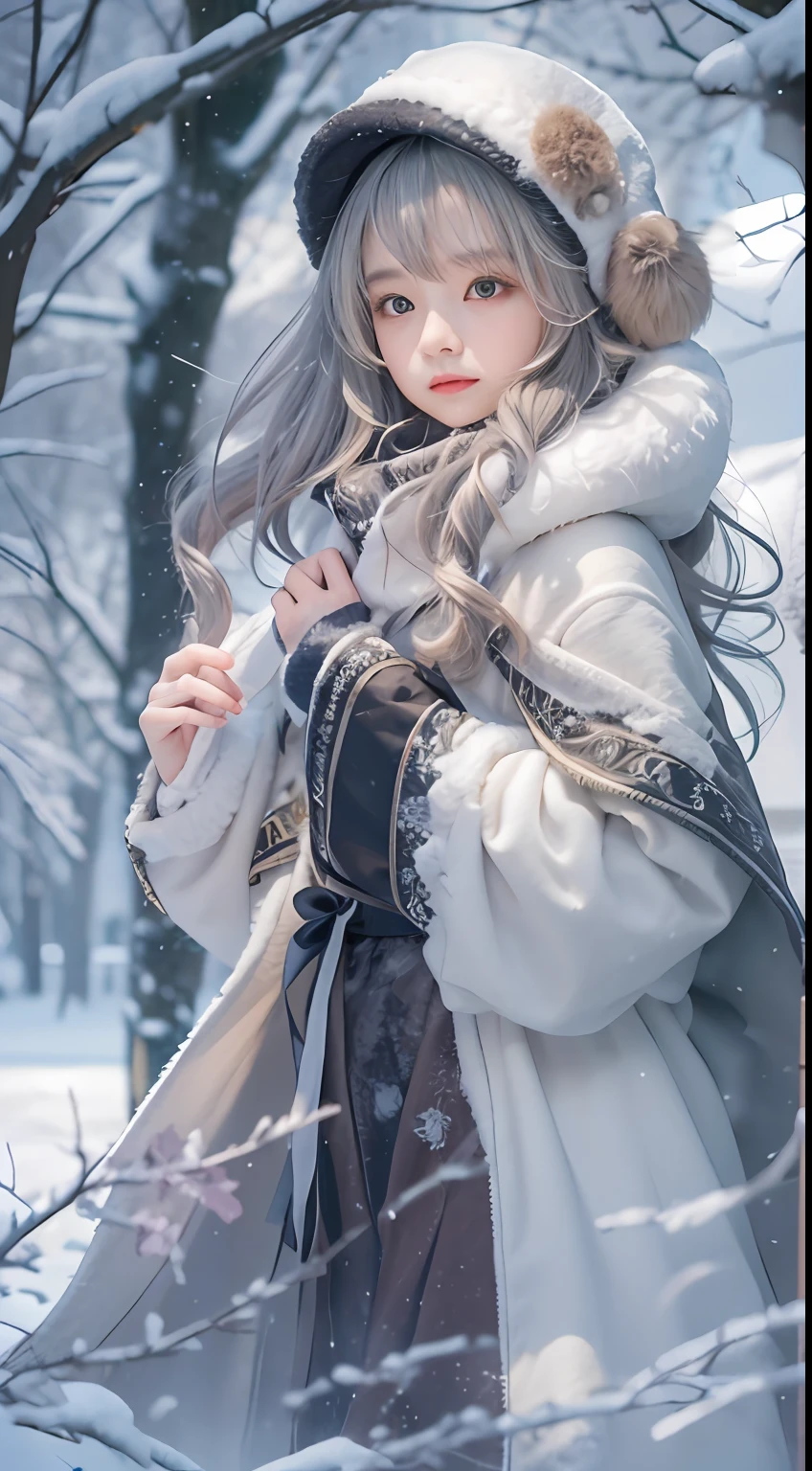 ((Works of masters)),(超高分辨率),1 girl, run, Lolita costume,Cloak (Snow, Outdoor activities in winter:1.2)