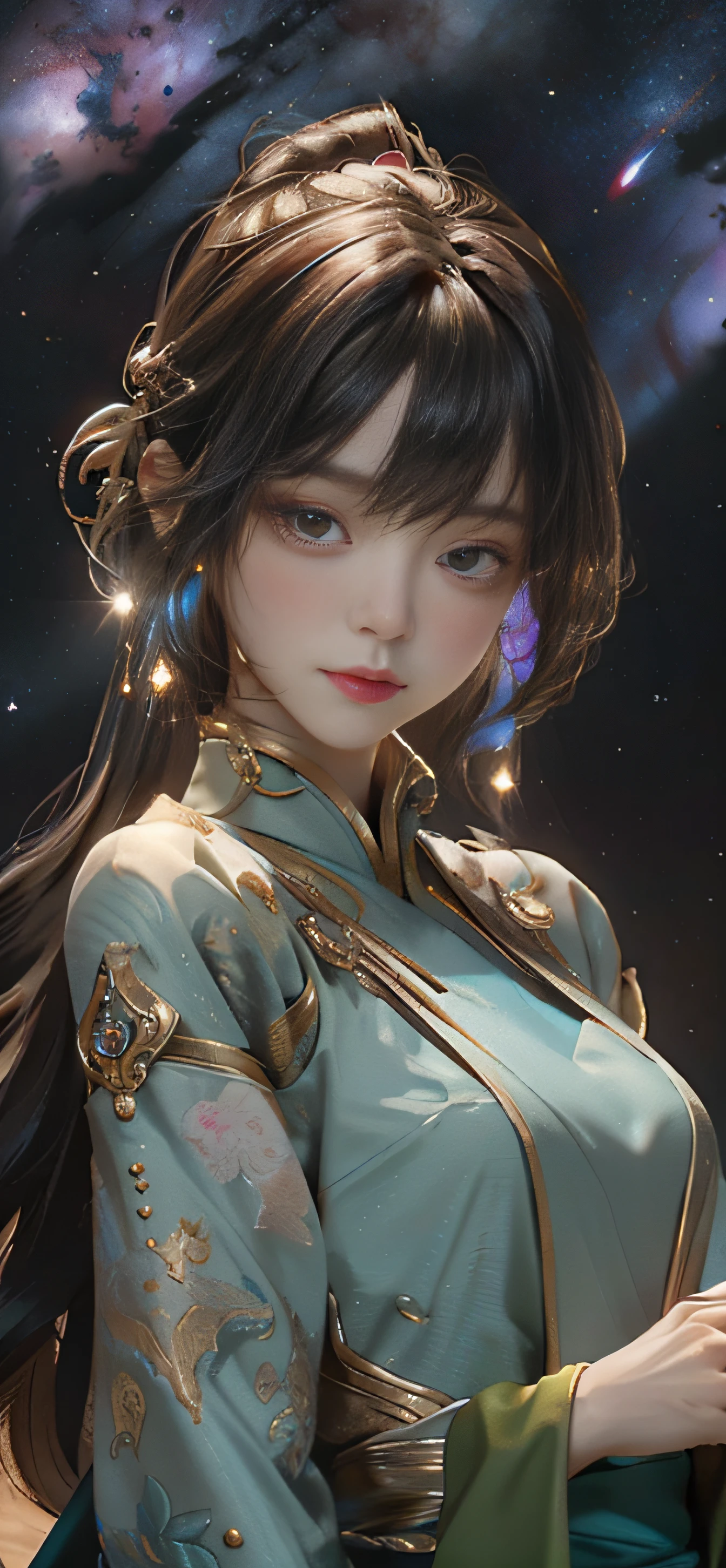 high detal，hyper-detailing，超高分辨率，The girl enjoys her time in the fantasy galaxy，surrounded by stars，Warm light shines on her，The background is the starry sky with colorful galaxies and galactic clouds，Stars flew around her，delicated face，Add a playful vibe， ,smallunderboob --v6