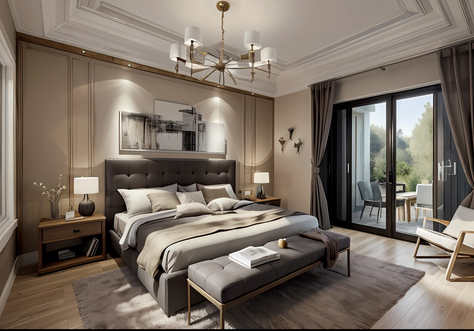 ((masterpiece,best quality,highres,sharp forcus)) (((detail forcus))) , bedroom ,Modern style, (modern furniture) , plaster ceiling, bright, oak , daylight , warm tone , bright color