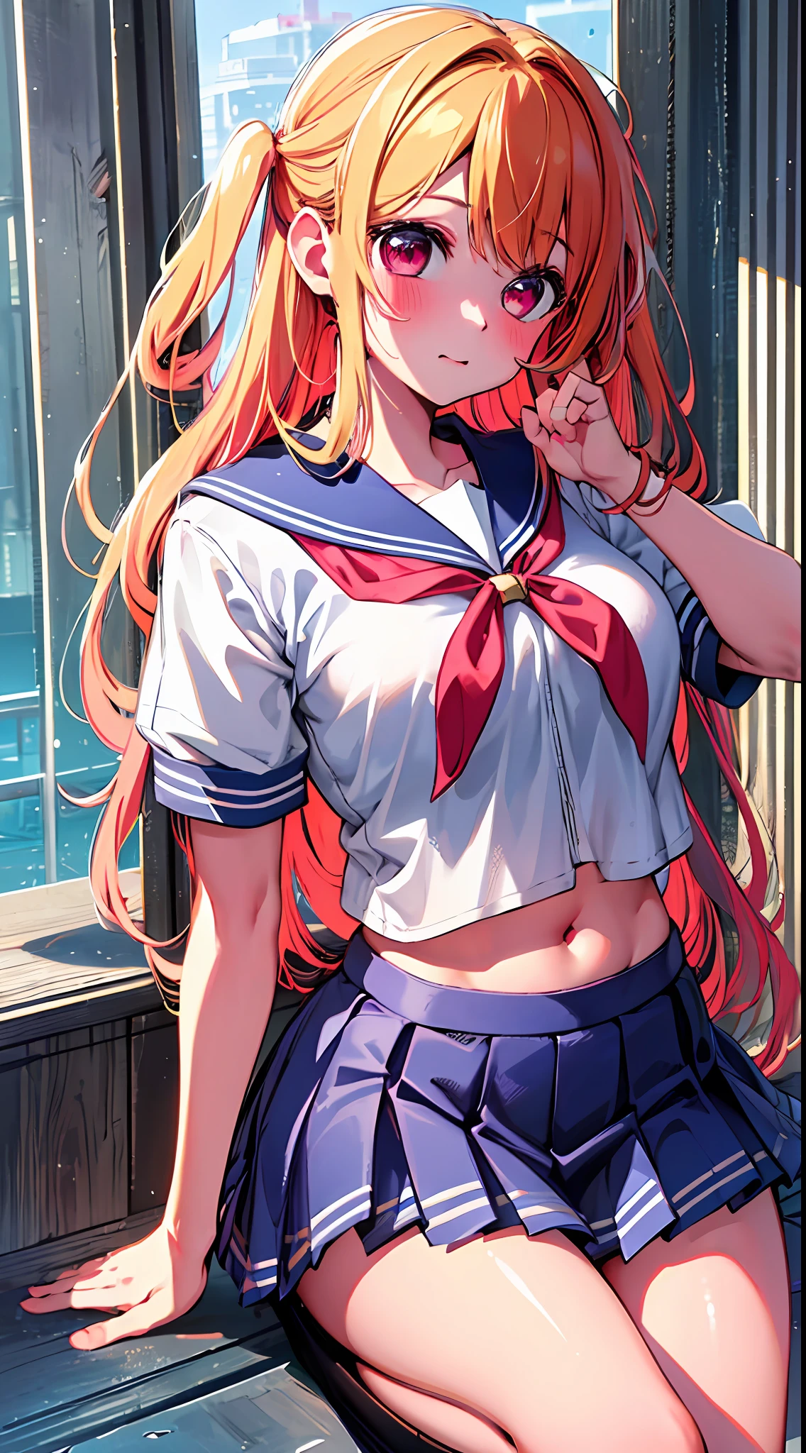 The main girl is beautiful and cute, "neat and bright slope school uniform coordination", full body, full body illustration, best illustration, realistic and elaborate uniform, high school uniform, elementary school student, ((highest quality)), ((masterpiece)), (detail: 1.4), anatomical, award-winning concept art, beautiful, fine details, portrait, look at the viewer, (show full body)), 1 girl, full body, solo, 6 years old, Schoolchildren, child actors, golden hair, blonde, semi-long hair, red and pink eyes, big eyes, the pupil of the left eye is star-shaped, Characteristic left eye pupil, left eye pupil clear, left eye pupil detailed, cute underwear, panties, skirt, silk panties, wet shirt, wet clothes, skirt lift, blush, classroom, navel out, clothes lift, easy background, lifting clothes, white shirt, uniform, blazer, Japan cute uniform, look away, short sleeves, loli, elementary school, main girl is beautiful and cute, loli, baby face, cute, young, young, young, young appearance, fantastic visual depiction, professional effect, beautiful girl, petite girl, sweaty transparent clothes, unevenness, absurdity, unevenness, uniform is the oldest girls' school Japan based on Christianity along with the girls' academy, Very cute in traditional uniform", "Very cute sailor suit for both summer and winter clothes", heel-up loafers, golden hair, the main girl is beautiful and cute