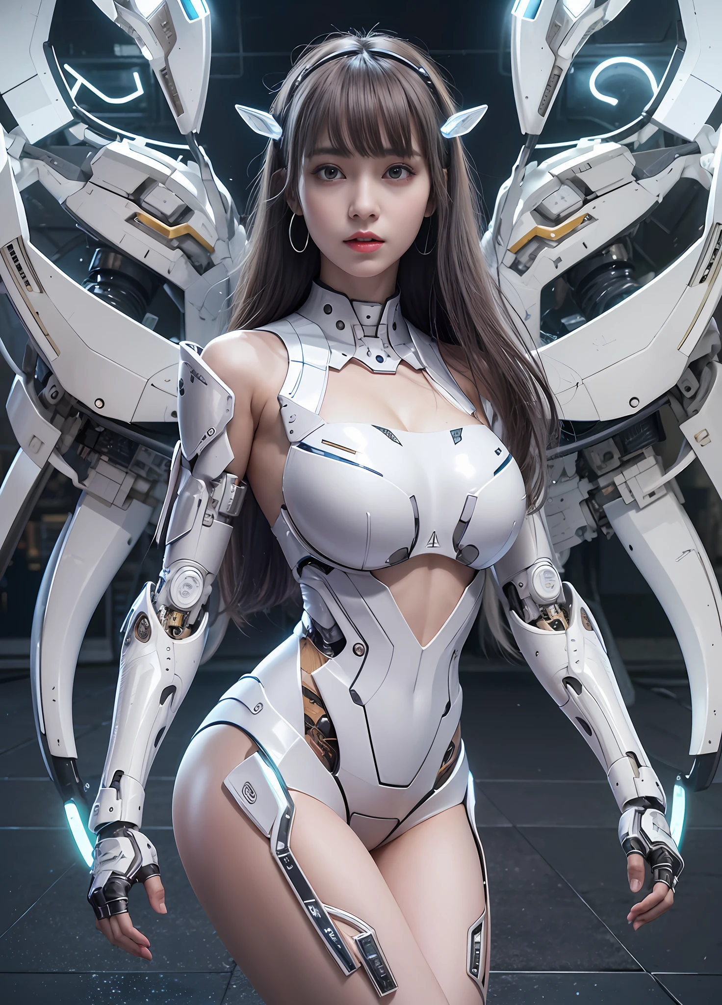 top-quality、tmasterpiece、超A high resolution、(Photorealsitic:1.4)、RAW photo、The upper part of the body,upper legs,Robot Angel、Large wing made of metal、(White porcelain body)、whaite hair、glowy skin、(1 Cyborg Girl)、((Super realistic details))、porate、globalillumination、black shadows、octan render、8K、ultrasharp、Character edge light,Colossal tits、Raw skin is exposed in cleavage、Details of complex ornaments、Sumerian detail hydraulic cylinder、small led lights、highly intricate detail、Realistic light、a purple eye、Radiant eyes、Facing the camera、neon light detail、cow boy shot、Futuristic headgear、Floor plan about the《cyber punk perssonage》、、
