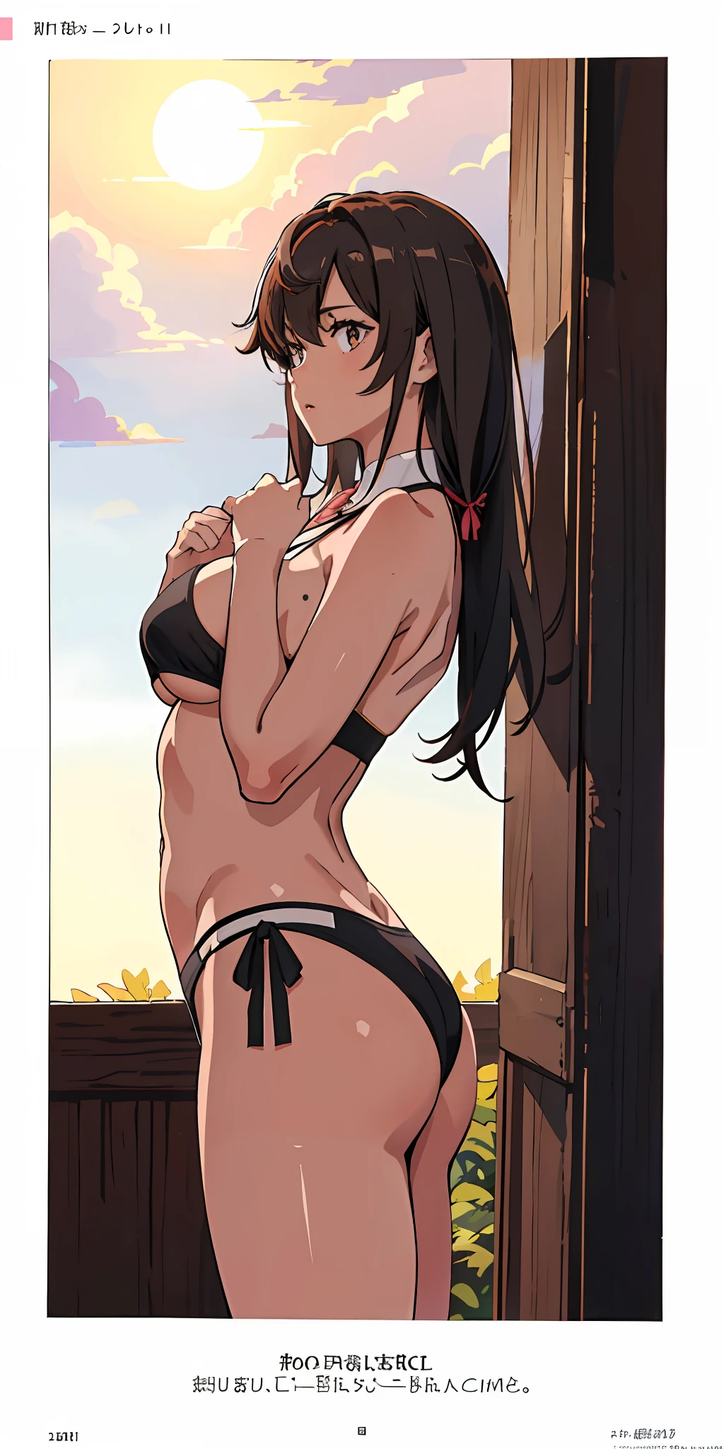 (top-quality、masterpiece)、1girl in、A stunning、((A dark-haired))、barechested、(((Brown skin tone)))、sun burn、Mole、(((Colossal tits)))、large full breasts、Sheer areol、Pink underwear is visible、Show underwear、neck tie、I can see my chest a little