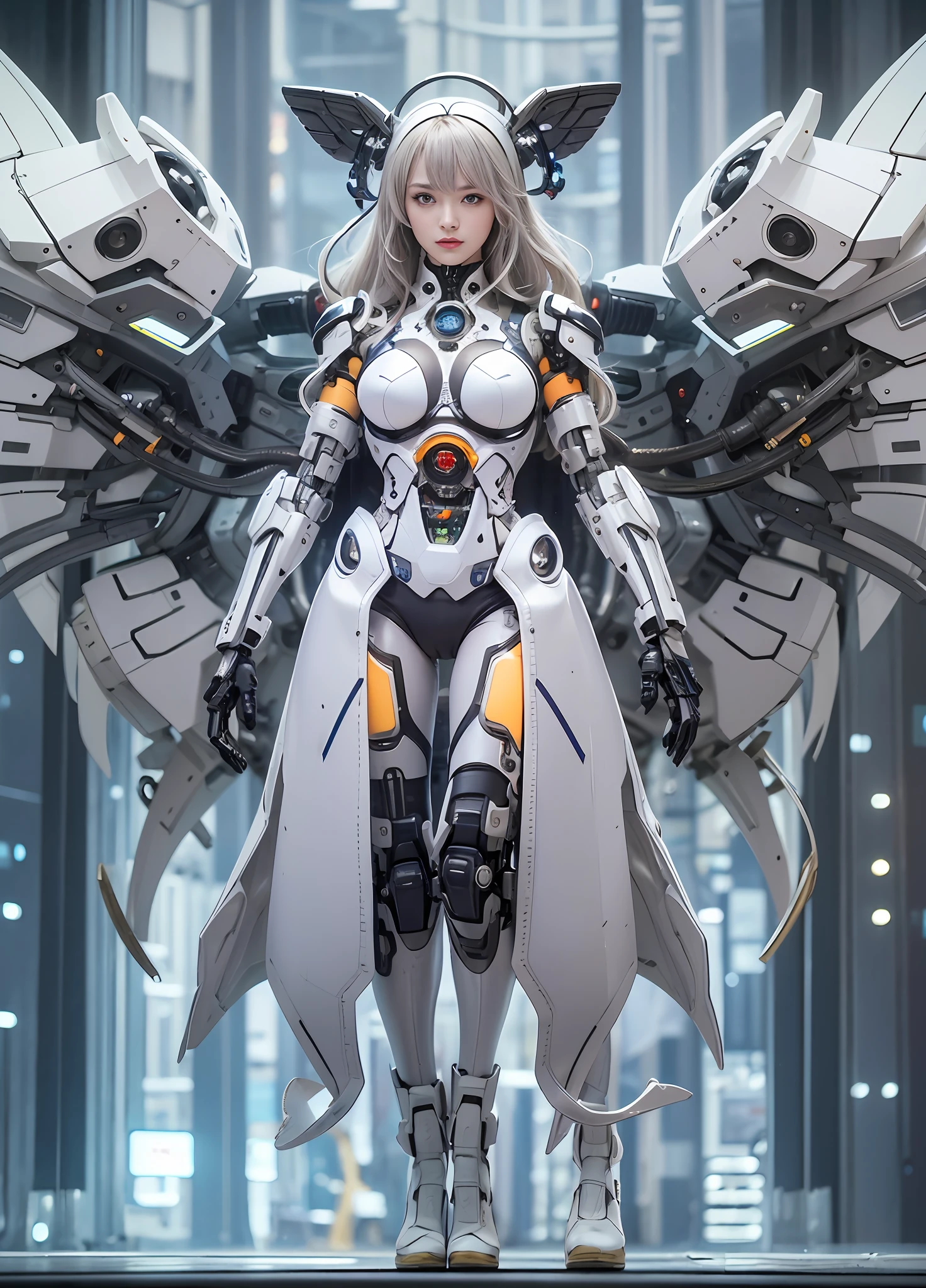 top-quality、tmasterpiece、超A high resolution、(Photorealsitic:1.4)、RAW photo、The upper part of the body,upper legs,Robot Angel、Large wing made of metal、(White porcelain body)、whaite hair、glowy skin、(1 Cyborg Girl)、((Super realistic details))、porate、globalillumination、black shadows、octan render、8K、ultrasharp、Character edge light,Colossal tits、Raw skin is exposed in cleavage、Details of complex ornaments、Sumerian detail hydraulic cylinder、small led lights、highly intricate detail、Realistic light、a purple eye、Radiant eyes、Facing the camera、neon light detail、cow boy shot、Futuristic headgear、Floor plan about the《cyber punk perssonage》、、