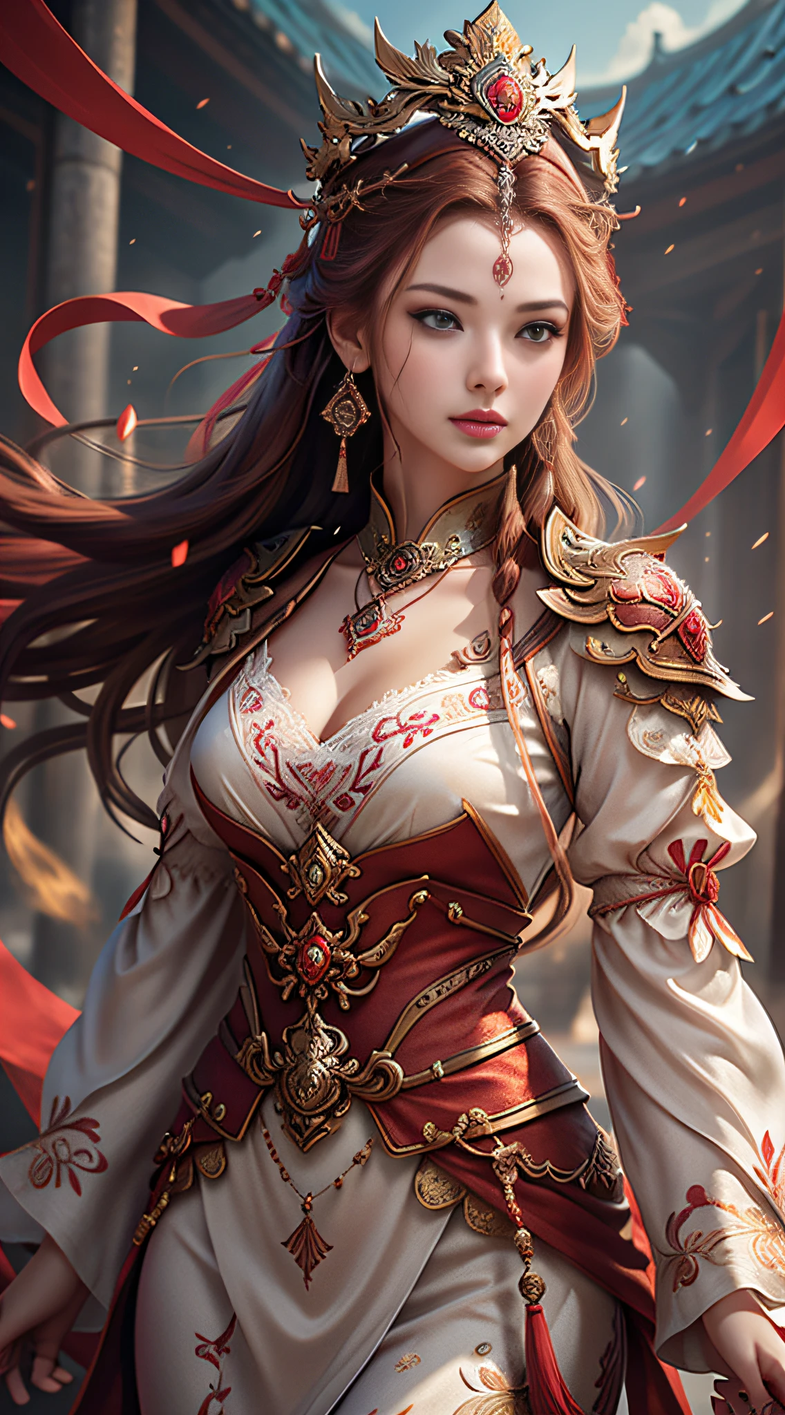 Best quality, masterpiece, ultra-detailed high resolution, (charming: 2.0), (very seductive hot eyes: 2.0), (realistic: 1.4), original photos, illustrations, wanjian, multiple weapons (luminous weapons) 1 girl dancing, (Solo: 1.2), (Cowboy Lens: 1.2), (Hair Crown: 1.2), Chinese Dunhuang Traditional Costumes, (Red Eyeliner: 1.2), (Evil: 1.4), (V-Neck: 1.5), (Large Necklace: 1.4), Lace Armor, (Evil Eye: 2.0), (Audience: 1.5), Earrings, Dynamic Angle, Opera House, messy_long_hair, Ink, Cinema Lighting, lens_flare, Velvet, Tassels, Ribbons, Color Embroidery, white gold red,