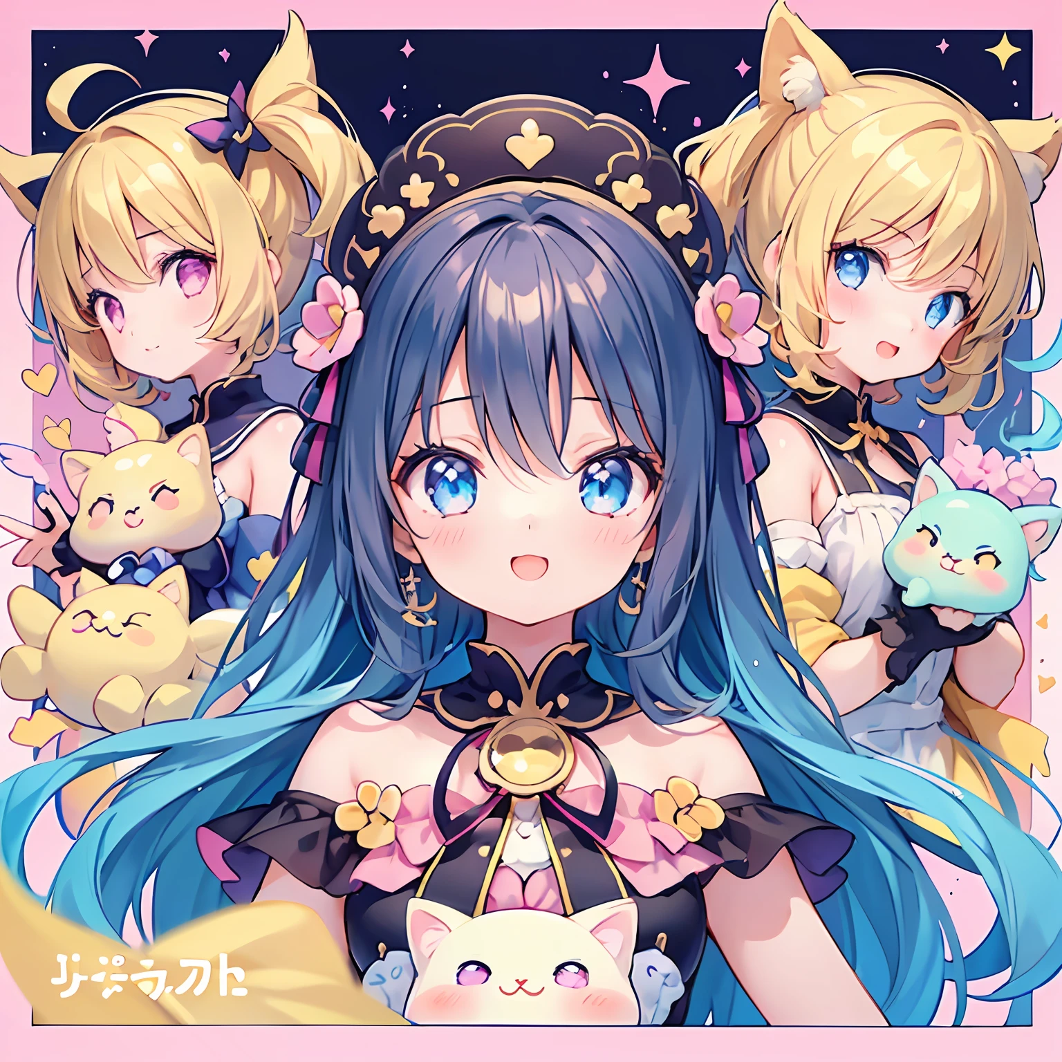 masterpiece, (2girls and 2girls and 2girls and 2girls), idol, closeup, big eyes, kawaiitech, kawaii, cute, pastel colors, best quality, happy, deep background, symmetrical, tilted head, summer, cover, title