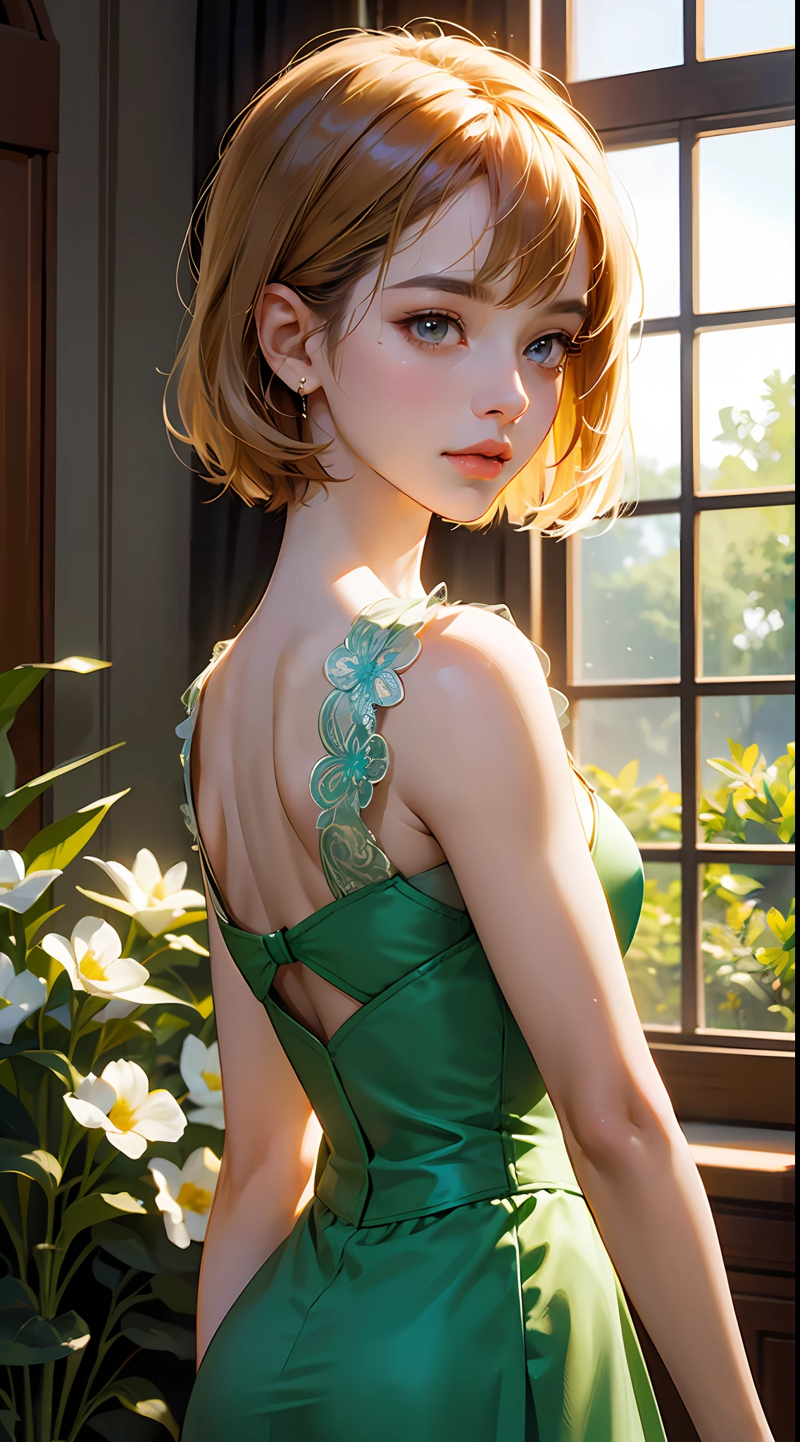 (airport:1), PM, (Green Gown:1), Golden Fringe Shorthair, Light brown eyes, 1girl in, 20yr old, Innocence, (Photorealsitic), (intricate-detail:1.2),(masterpiece, :1.3),(top-quality:1.4), (超A high resolution:1.2), 超A high resolution, (A detailed eye), (detailed facial features), nffsw, 8K分辨率, (lensflare:0.7), Looks Back, Busy with inspection reports,