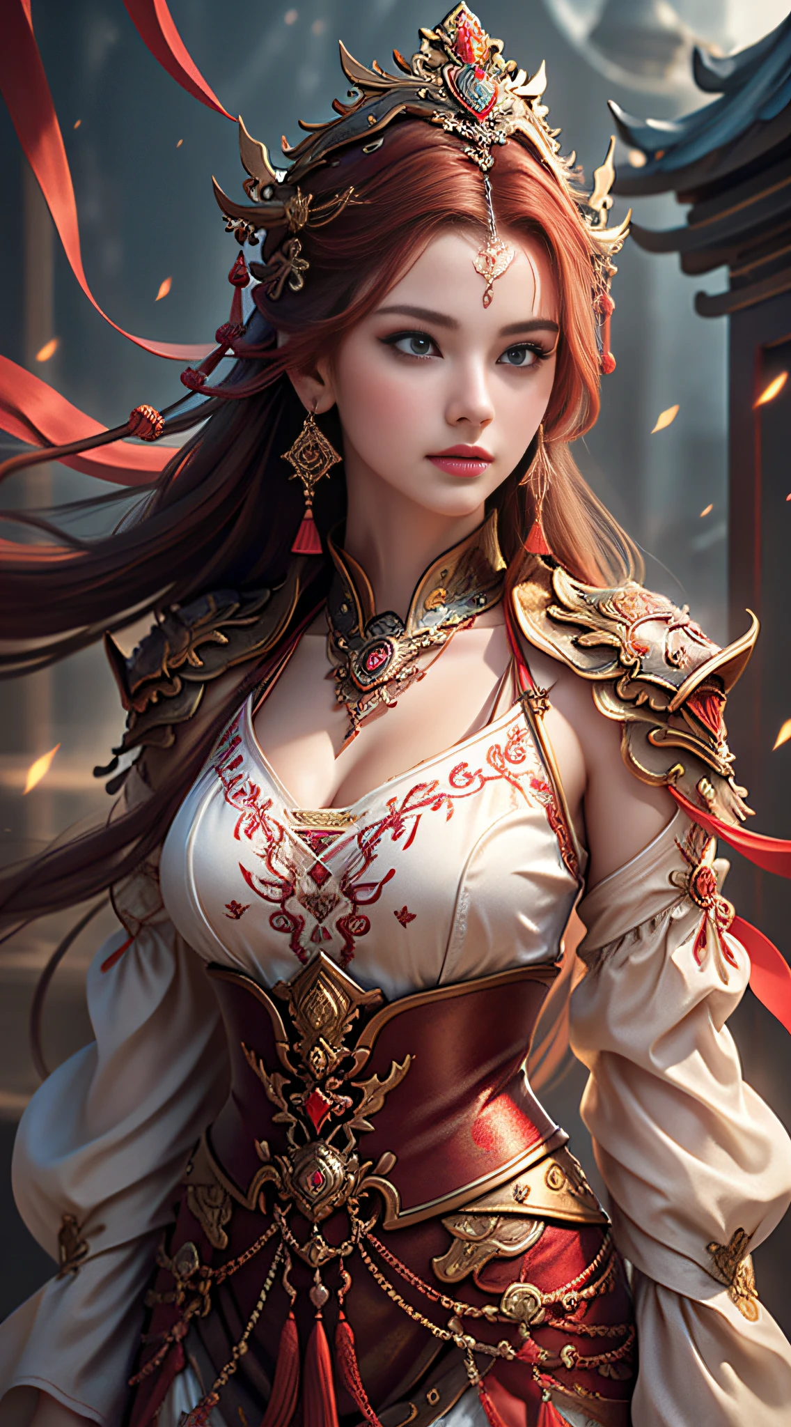 Best quality, masterpiece, ultra-detailed high resolution, (charming: 2.0), (very seductive hot eyes: 2.0), (realistic: 1.4), original photos, illustrations, wanjian, multiple weapons (luminous weapons) 1 girl dancing, (Solo: 1.2), (Cowboy Lens: 1.2), (Hair Crown: 1.2), Chinese Dunhuang Traditional Costumes, (Red Eyeliner: 1.2), (Evil: 1.4), (V-Neck: 1.5), (Large Necklace: 1.4), Lace Armor, (Evil Eye: 2.0), (Audience: 1.5), Earrings, Dynamic Angle, Opera House, messy_long_hair, Ink, Cinema Lighting, lens_flare, Velvet, Tassels, Ribbons, Color Embroidery, white gold red,