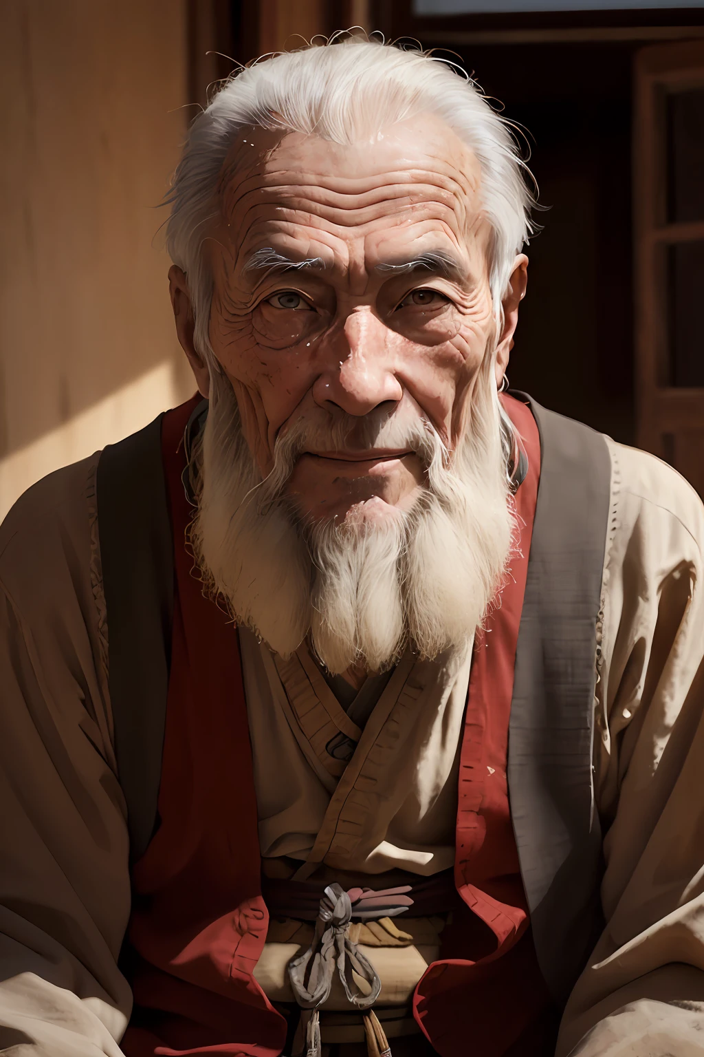 An elderly Chinese sage, com uma longa barba, Cabelos Longos, vestido com roupas de monge, looking directly at camera lens, olhar penetrante encarando, rosto altamente detalhado, fotografia, lente telefoto 100mm, com foco no enquadramento da figura central, --AR 16:9 --V 5.