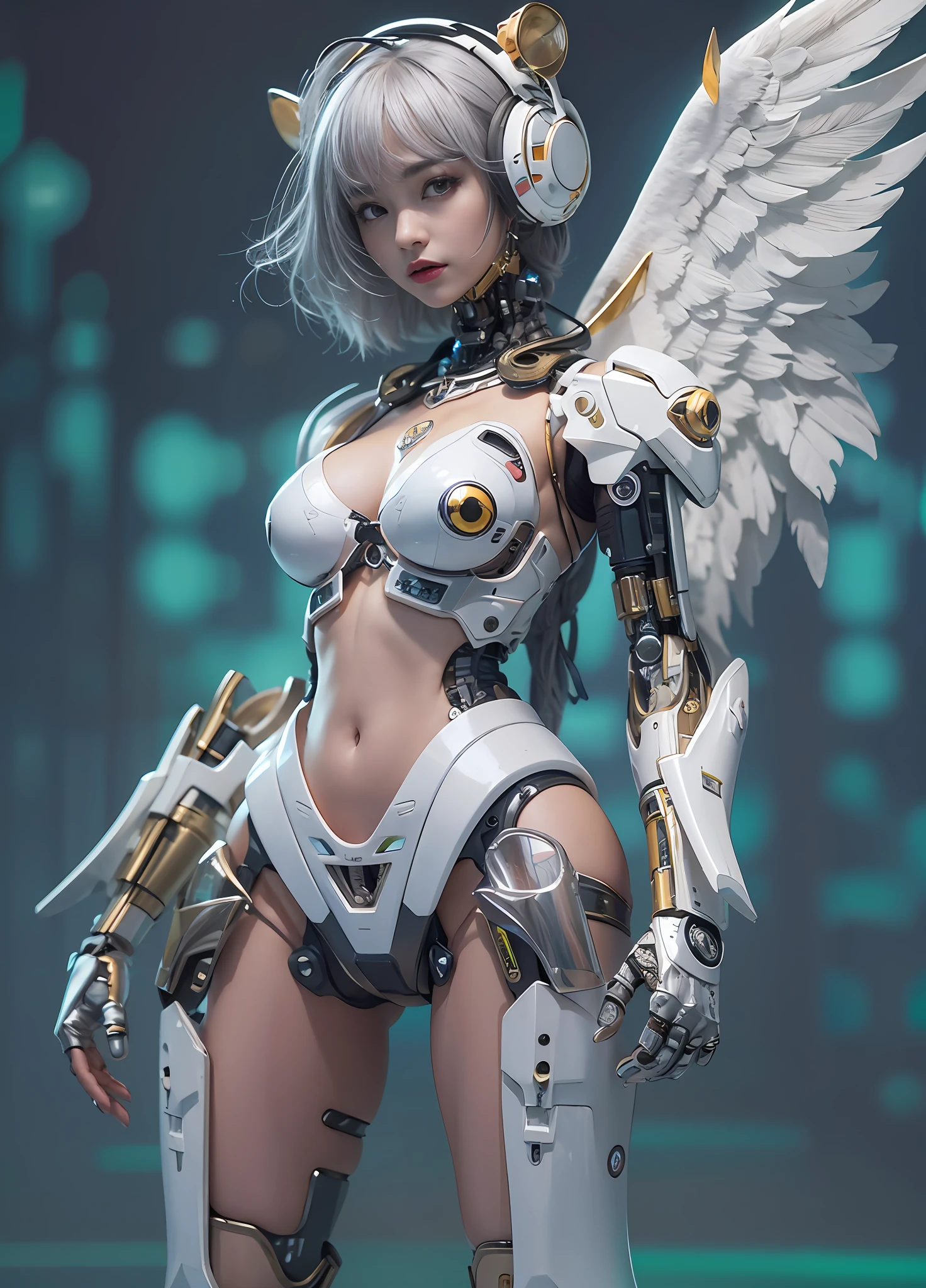 top-quality、tmasterpiece、超A high resolution、(Photorealsitic:1.4)、RAW photo、The upper part of the body,upper legs,Robot Angel、Large wing made of metal、(White porcelain body)、whaite hair、glowy skin、(1 Cyborg Girl)、((Super realistic details))、porate、globalillumination、black shadows、octan render、8K、ultrasharp、Character edge light,Colossal tits、Raw skin is exposed in cleavage、Details of complex ornaments、Sumerian detail hydraulic cylinder、small led lights、highly intricate detail、Realistic light、a purple eye、Radiant eyes、Facing the camera、neon light detail、cow boy shot、Futuristic headgear、Floor plan about the《cyber punk perssonage》、、