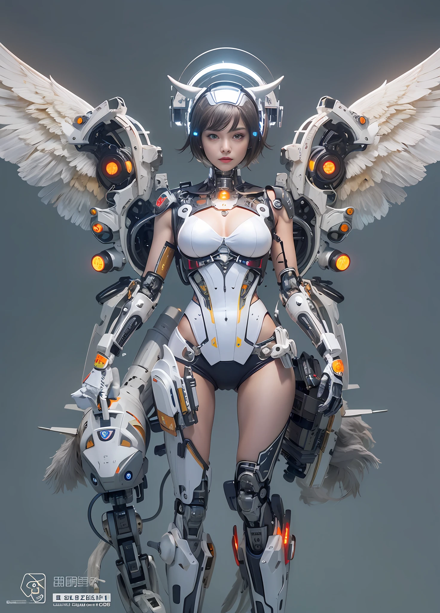 top-quality、tmasterpiece、超A high resolution、(Photorealsitic:1.4)、RAW photo、The upper part of the body，upper legs，Robot Angel、Large wing made of metal、(White porcelain body)、whaite hair、glowy skin、(1 Cyborg Girl)、((Super realistic details))、porate、globalillumination、black shadows、octan render、8K、ultrasharp、Character edge light,Colossal tits、Raw skin is exposed in cleavage、Details of complex ornaments、Sumerian detail hydraulic cylinder、small led lights、highly intricate detail、Realistic light、a purple eye、Radiant eyes、Facing the camera、neon light detail、cow boy shot、Futuristic headgear、Floor plan about the《cyber punk perssonage》、、