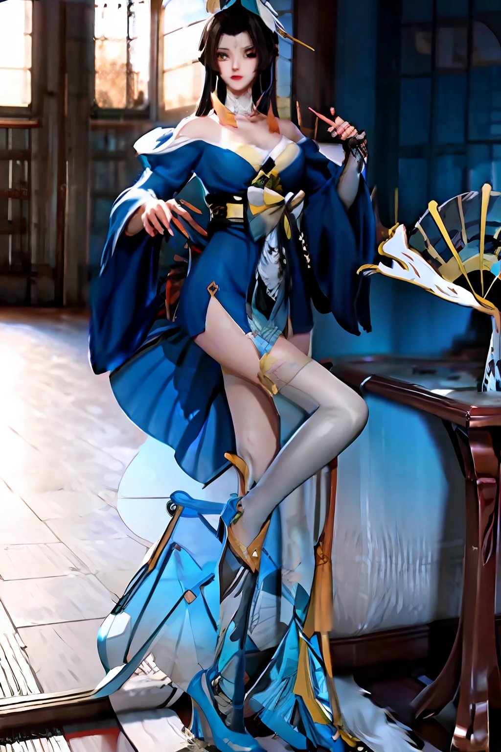 huowu,1girl, solo, black hair, long hair,white thighhighs, chair, high heels, cosplay,((upper body)),young and beautiful, tall and beautiful, fair face, perfect features, tall and beautiful, fair skin, good figure, 4k,cg,
holding fan, blue theme,gameCG background,3Drender,realistic,cinematic lighting,smooth fog,detailed face, light smile, (((The Architectural Background of Japanese Style)))