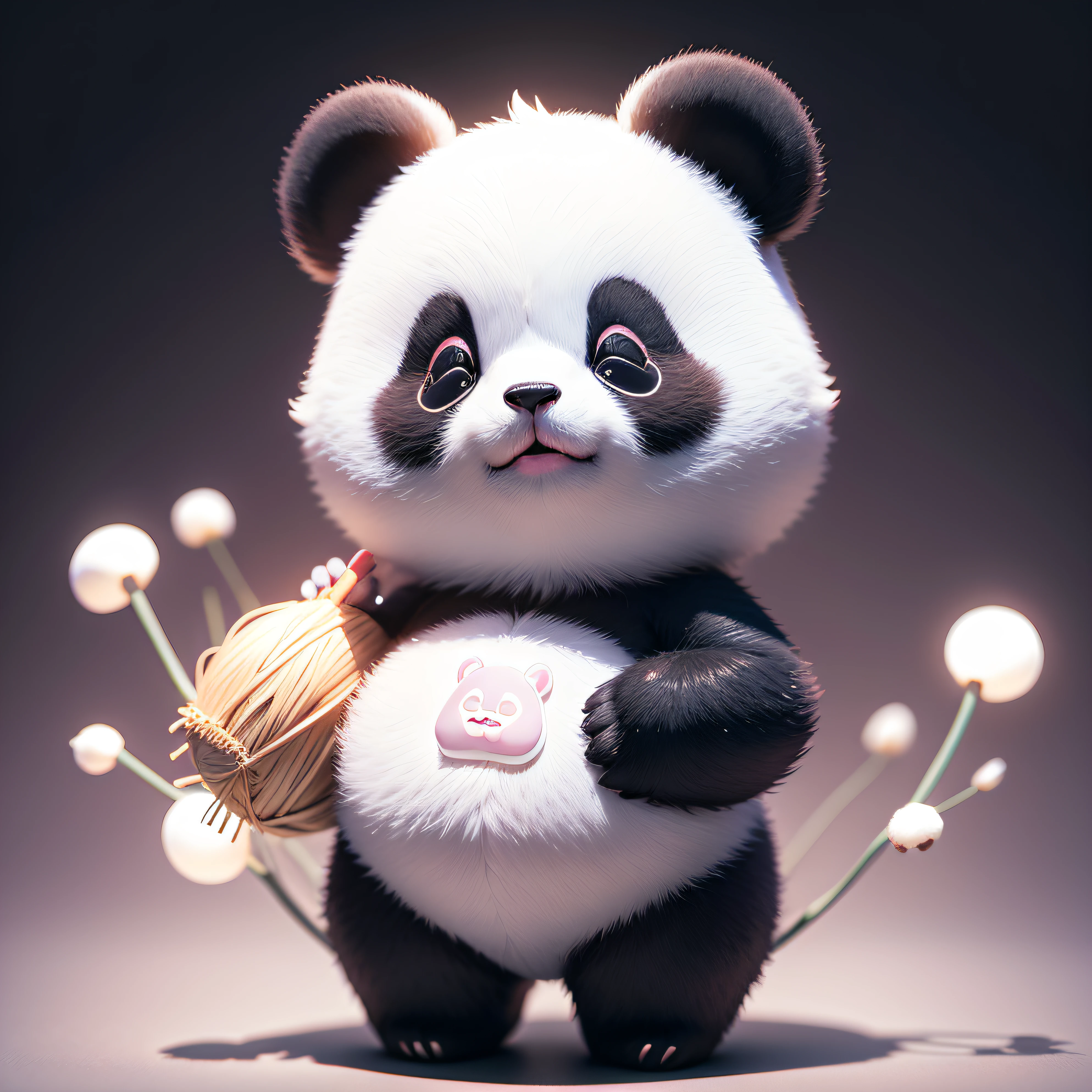 A cute panda wearing cute clothes, holding bamboo, showing cuteness and tenderness, cartoon IP, volume lighting, pure white background, advanced color system, Sinsing rendering, surrealism, 3D, Behance, Pinterest, fashion blind box toys --ar 3:4 --q 2