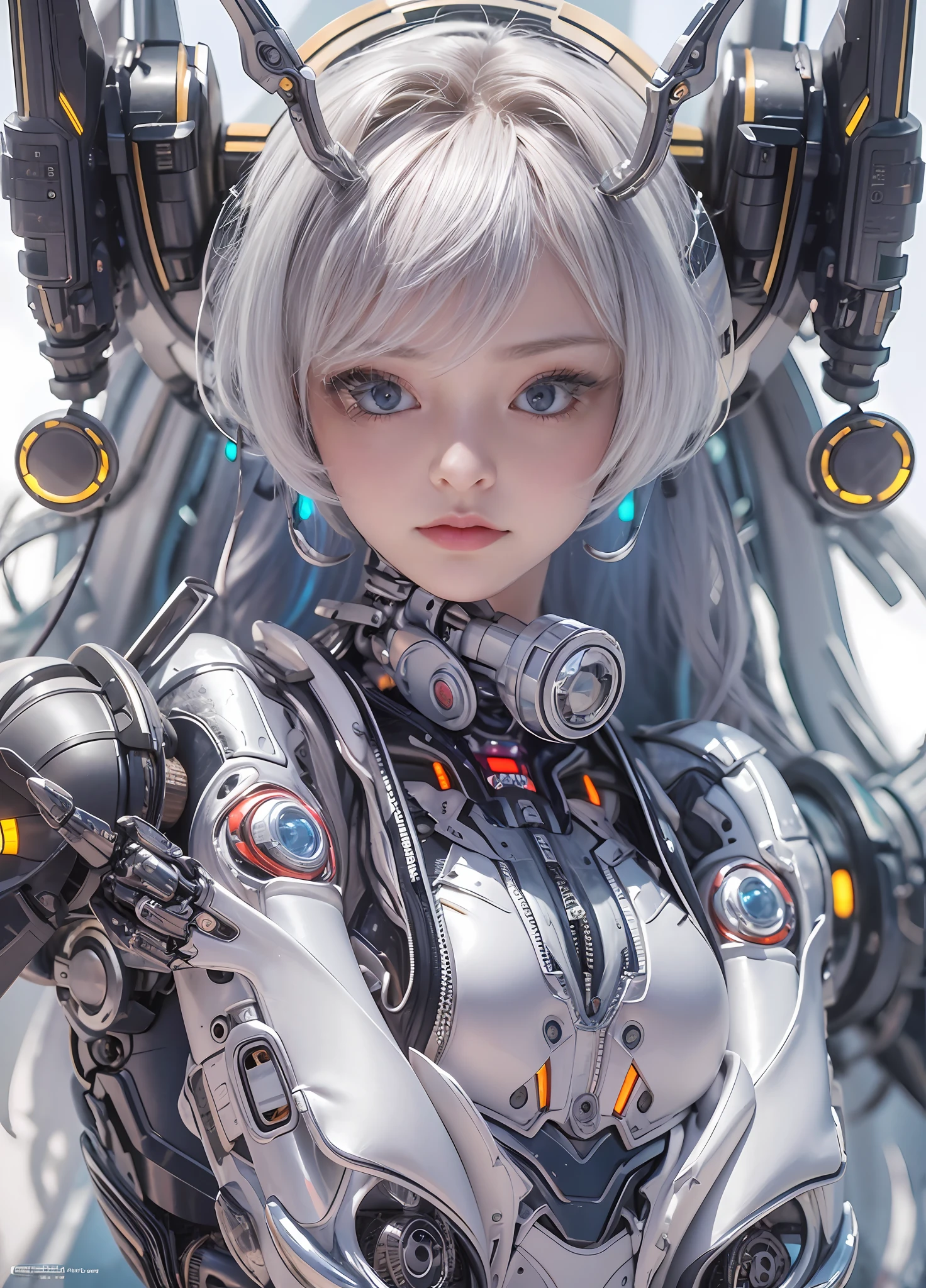 top-quality、tmasterpiece、超A high resolution、(Photorealsitic:1.4)、RAW photo、solo,The upper part of the body,upper legs,Robot Angel、Large wing made of metal、(White porcelain body)、whaite hair、glowy skin、(1 Cyborg Girl)、((Super realistic details))、porate、globalillumination、black shadows、octan render、8K、ultrasharp、Character edge light,Colossal tits、Raw skin is exposed in cleavage、Details of complex ornaments、Sumerian detail hydraulic cylinder、small led lights、highly intricate detail、Realistic light、a purple eye、Radiant eyes、Facing the camera、neon light detail、cow boy shot、Futuristic headgear、Floor plan about the《cyber punk perssonage》、、