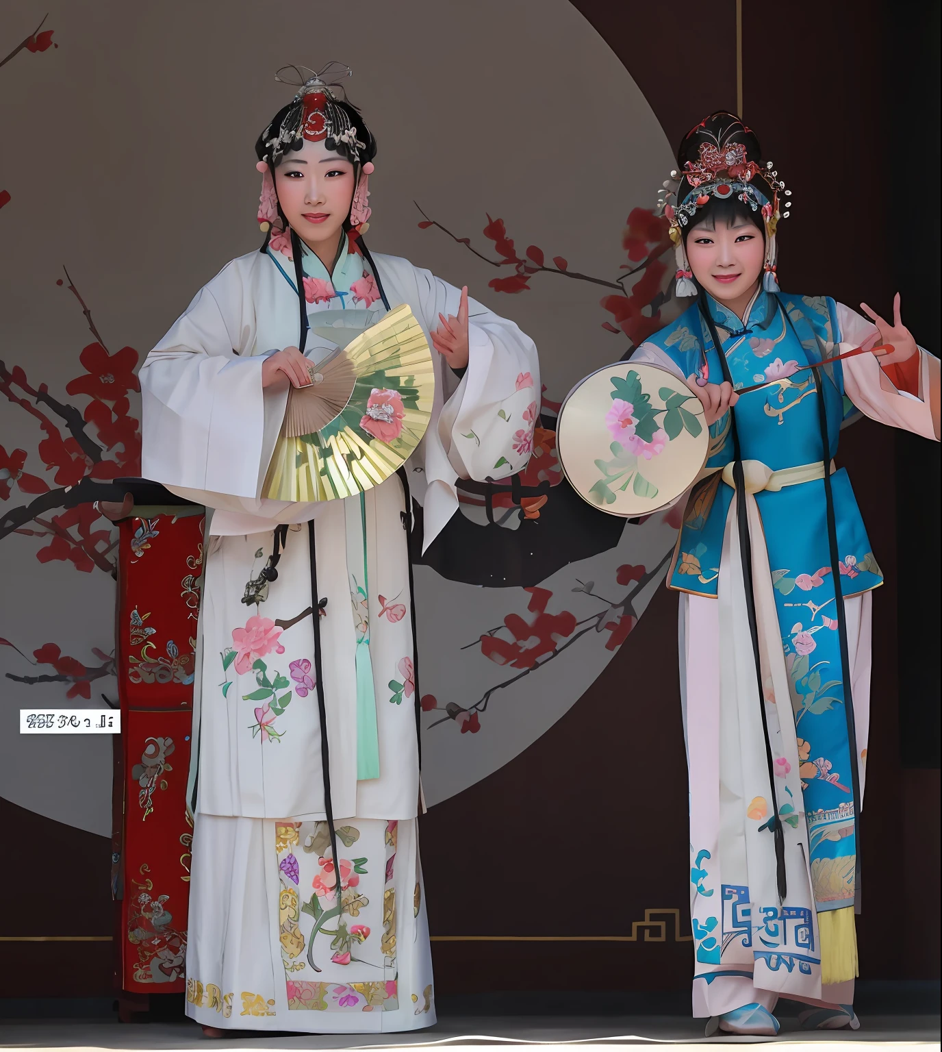 Two Asian women dressed in traditional costume hold fans and fans, beijing opera, Wearing ancient Chinese clothes, Chinese costume, Chinese traditional, Traditional Chinese clothing, with acient chinese clothes, 中 国 鬼 节, ancient chinese beauti, beijing, Chinese tradition, year 2447, chinese empress, Drama, [ Colourful, Hanfu, oil painted