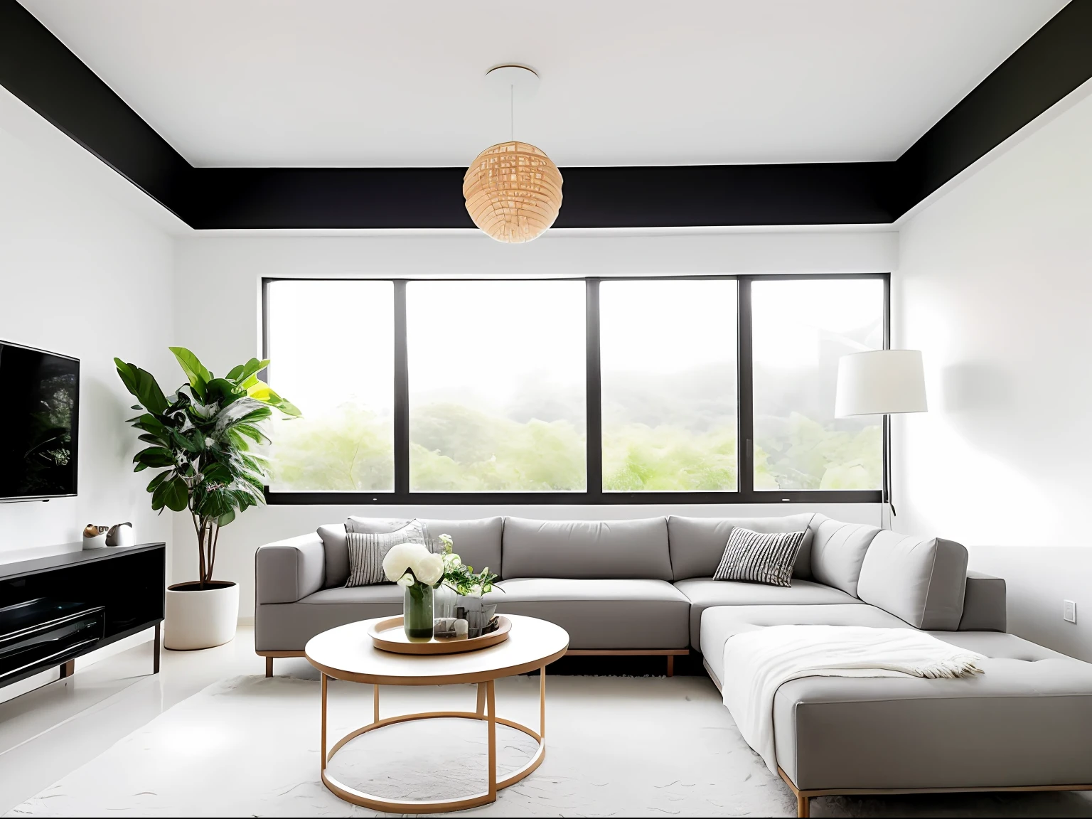 North American black walnut round ceiling light,inside in room,Simple,Modern style living room,White high-end ceiling,White walls,Greenery,rays of sunshine,stools,tv set,Premium soft sofa,High-end square tea table