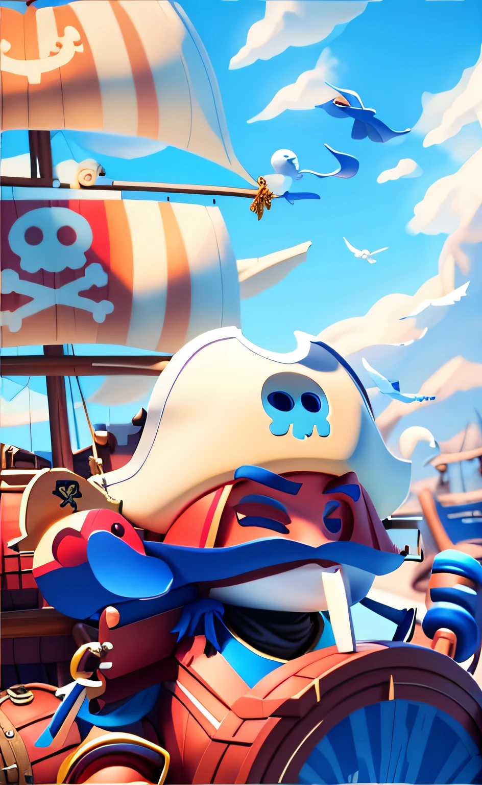 Pirates drive pirate ships,pirate ships,a pirate,with blue sky and white clouds