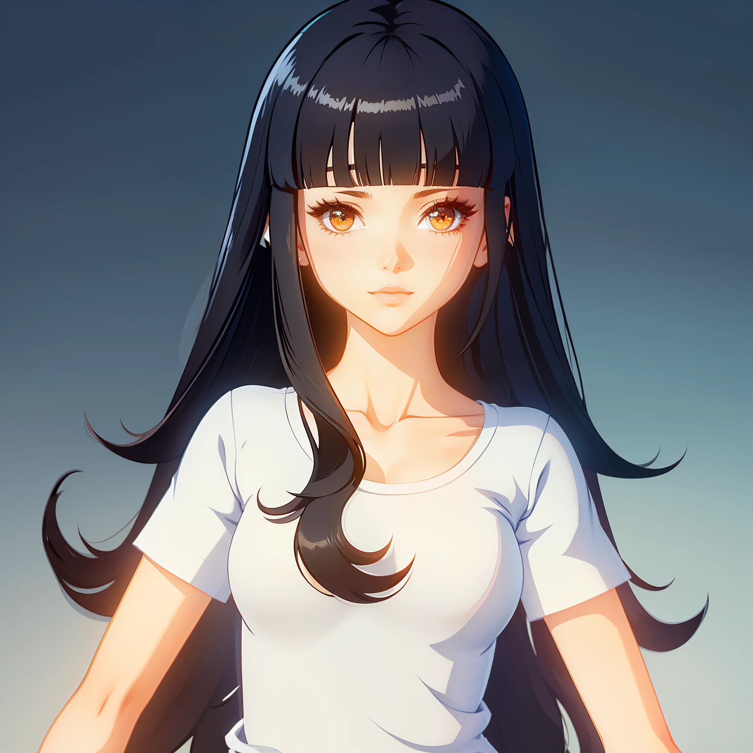 Create a webtoon style illustration of a slim girl named Kiara, wearing a white T-shirt, with long black hair having bangs, in different poses from different sides, in anime style eyes, cute photoshop illustration