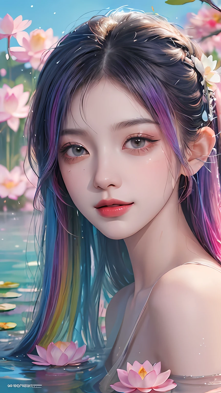 (Masterpiece, Best quality, high resolution), Lotus background, ((paint splatter, colored splashing, Splash of Ink, colored splashing)), ((Sweet Chinese girl, Rainbow hair)), Pink lips, Front, Upper body,Lotus in the background, Lotus flowers in water,ssmile