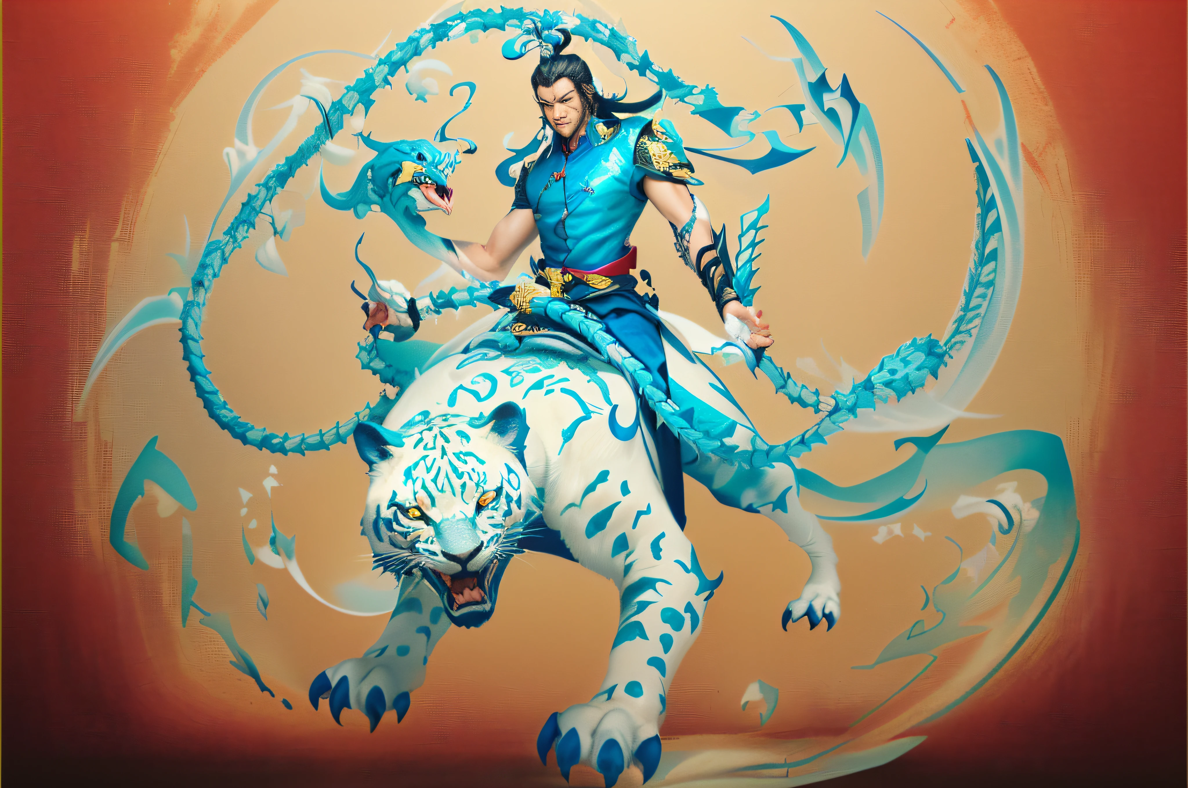 Draw a man riding a leopard,With a sword and a chain, a wizard battling a tiger, of anthro leopard warlock,China-style,The material is clear and clean。((Daisaku),(Need),(Super meticulous),(full bodyesbian:1.2),man,Oriental face,Bust portrait illustration,Alone,In black suit,a blue tie,The face is slightly chubby,The face was clean,There is a beard,Black eyes,Smile confidently,(and harmonious、balancing、yin yang)、Chinese silk painting、Tai Chi principle、Smooth movement、Interrelated elements、Interaction of contrasting forces、Taoist philosophy、The touch of the I Ching、Cool and warm tones、Reflective art、Inspired by Lao Tzu、Zhuangzi、Yin-Yang diagram、Taijitu、Gossip diagram、Flesh and soul are one、独奏、Grab milk、Daoism、Invoke Magic、电影灯光、Fire splits with ice、Gossip background、Round gossip、Yiyang,Taoist practice,Meditation sitting,Buddha sitting,Spiralosaurus,Top Cloud Dragon,Heaven and earth change color