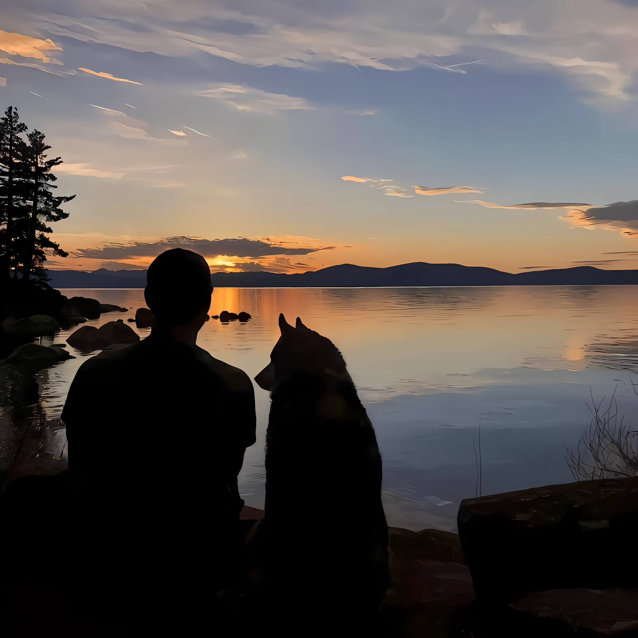There was a man and a dog sitting on a stone by the water, watching the sunset, looking out at a sunset, gazing at the water, watching the sunset, looking out at a sunset, gazing off into the horizon, At sunrise, at a beautiful sunset, late sunset, at the sunset, late sunset, Looking into the distance, At sunset