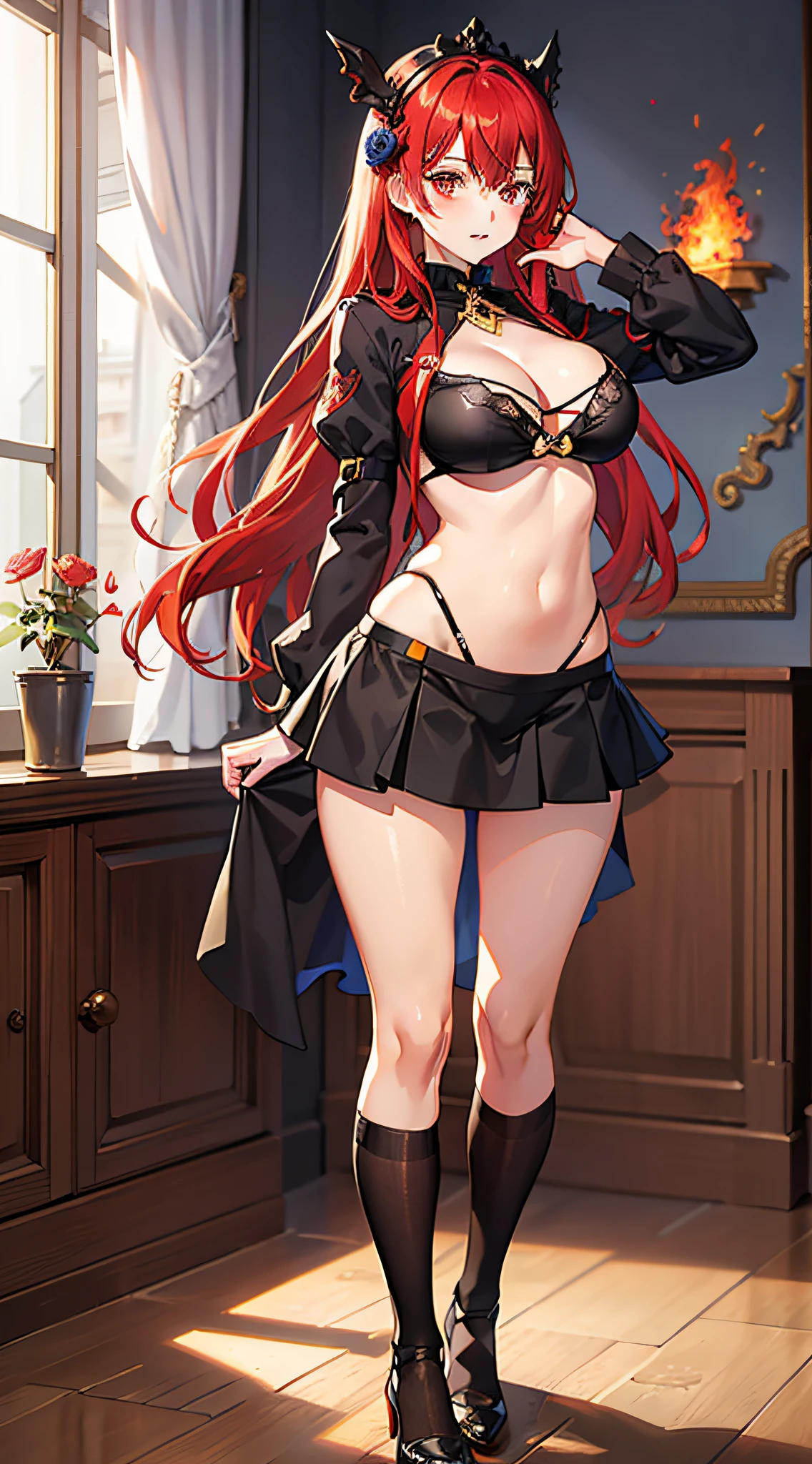 Anime girl with red rose on her head standing in royal bedroom，Long bright red hair，Bright red hair，Long blood-red hair，Orange-red eyes，Big wavy long hair，Melon seed face，A coquettish expression，Anime fire element，Black bandeau bikini，black micro skirt，show legs，Does not show the buttocks，Black stockings，Black lace stockings，Black bikini set，Frontal photo，fully body photo，Stand with your legs crossed，fully body photo，do not show feet，ultraclear，Ultra high quality，tmasterpiece