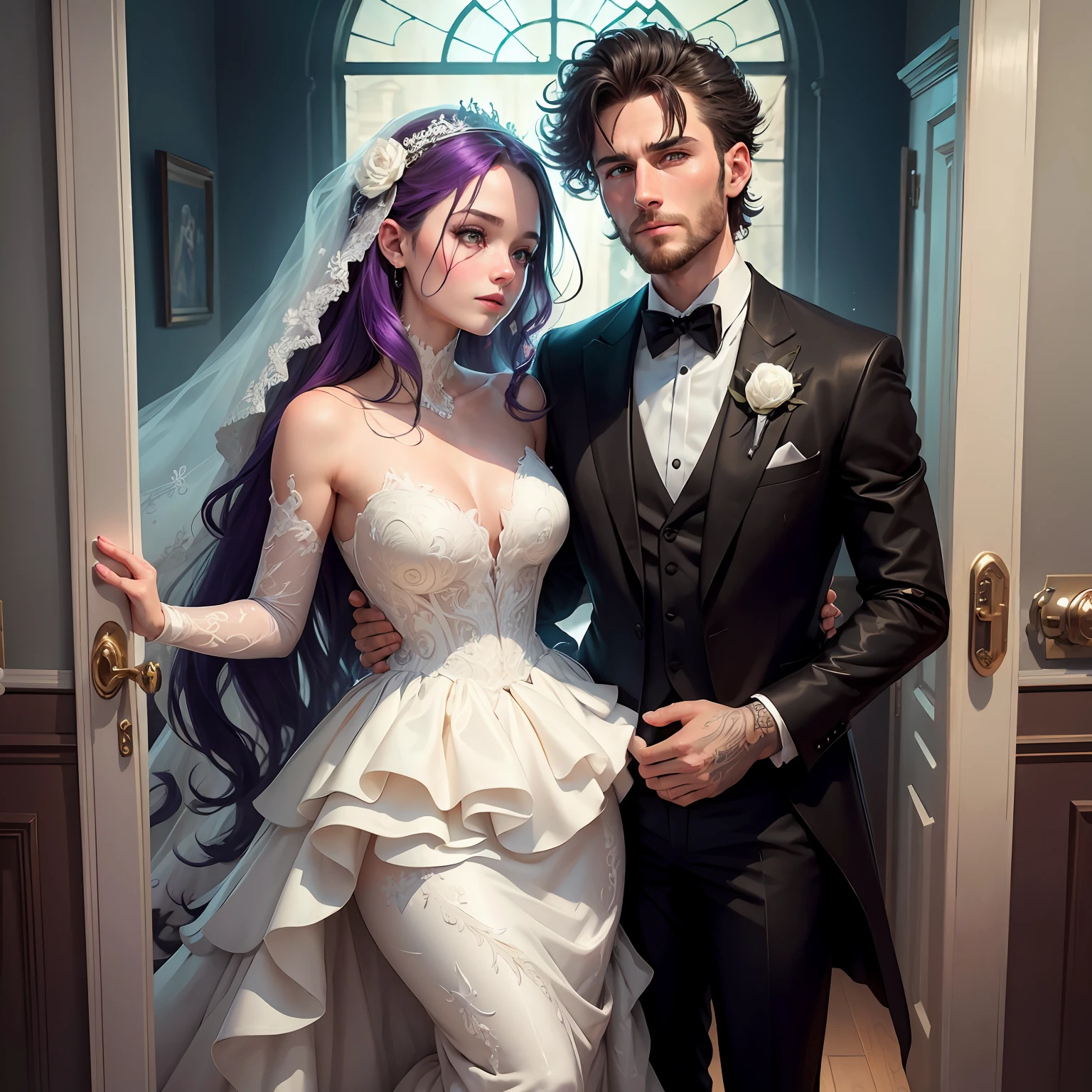 Groom in gorgeous and beautiful tuxedo and bride in pure white wedding dress : 8--old oud, Messy hair, Oil Painting, Smooth skin perfect face, Blue-yellow color, Add light purple and purple, Add bright red, intricated details, splash screen, in 8k resolution, ​masterpiece, Cute face, Art Station Digital Painting Ultra Black Ink Flow Smoothly : A realistic masterpiece in 8K resolution : Intricately depicted fluid gouache painting,Groom in tuxedo,Bride in pure white dress,Have fun and play pranks,Emoji : in door : Jeaptiste Mongue : calligraphy : acryl : Watercolor art, professional photograph, natural lighting, Volumetric lighting maximalist photo: in door: Marton Bobzert:, Complex, graceful, extensive, fantastical, Wave hair, lively --auto