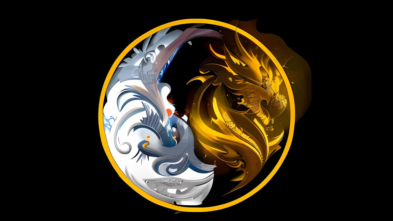 Taoist yin and yang，round form，Yang is the Flaming Phoenix，Yin is the golden dragon，medal，metalictexture