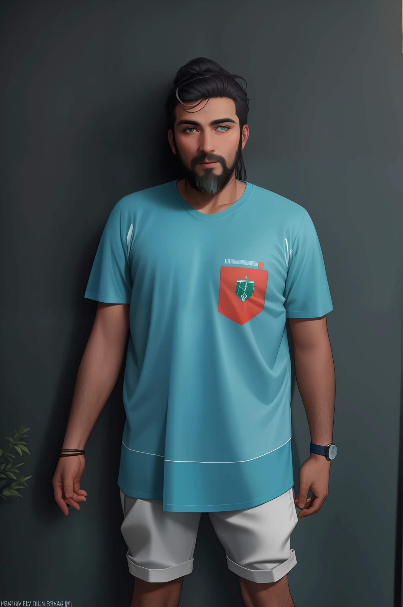 Homem com barba e camisa preta, Retrato no meio da foto, vermelho prateado teal, Retrato tirado 8 K, Runas vikings Teal-Neon, Location ( favela ), tshirt azul apertada, abduzeedo, with his hands in his pockets, t-topo, inspired by Nuno Gonçalves