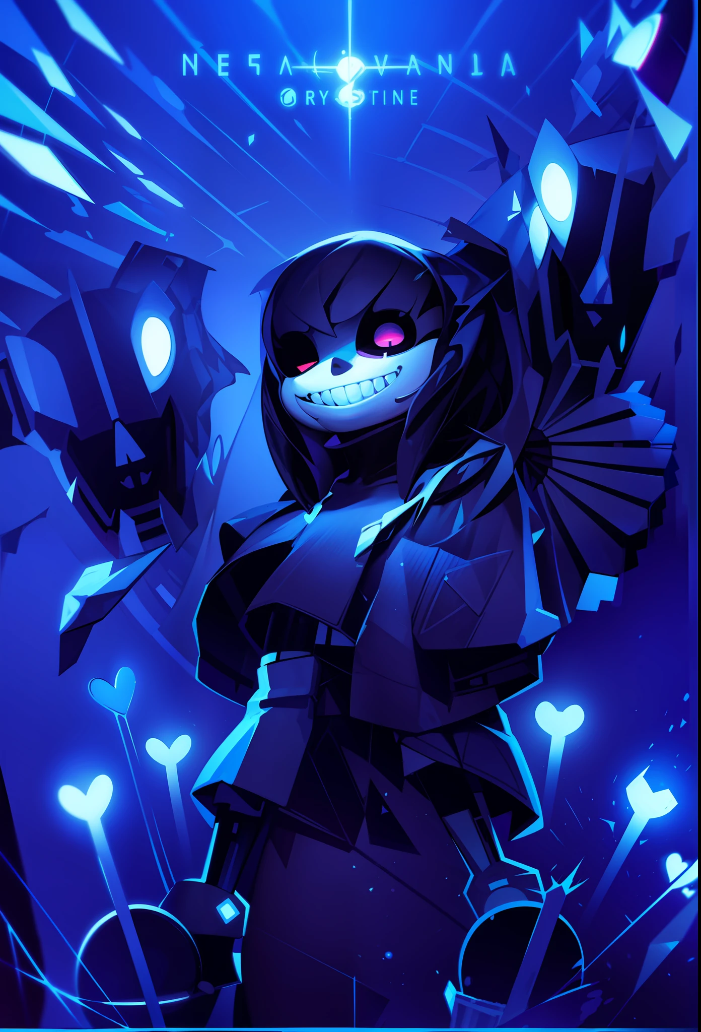 A cartoon character with a big smile and a glowing face, sans undertale, Undertale Frisk, Vibrant fan art, Glowing bones, heartstone original art style, sans from undertale, official fan art, Game art!!, official fanart, the wallpaper!, 2D art, 2 d art, offcial art, [[[[grinning evily]]]], unknown artstyle