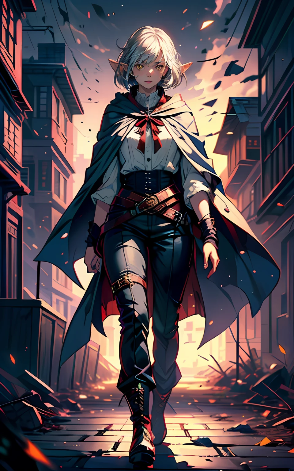 (1girl, solo, portrait: 1.5), (realistic face: 1.3), award-winning photography, girl (elven ears, young, cute face: 1.1), thin, fragile, straight hair, disheveled hair, (white cloak with red accents, assasin cloak, victorian cloak), adventurer's clothes, glowing eyes, (gray hair: 1.2), (bob's haircut), (yellow eyes), (using dark magic: 1.2), posing in the dark ruins of the city,  (rim lighting, :1.4) Two-color lighting, sharp focus, octane rating, unreal, world falling apart
