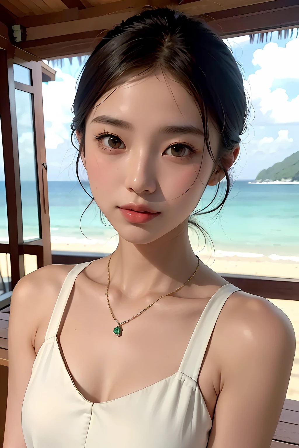 hightquality、masterpiece、超A high resolution、(realisitic:1.4)、((The Beautiful Face of Asia))、(True skin texture:1.3)、Perfect beautiful adult woman、beautiful detailed eyes and face、Thin makeup、Refreshing smile、a closeup、Brown short-cut hair、Average bust size、Small necklace、White sleeveless shirt、Seaside in the evening、Emerald Green Sea、Soft sunshine in the evening、Summer Cloud、