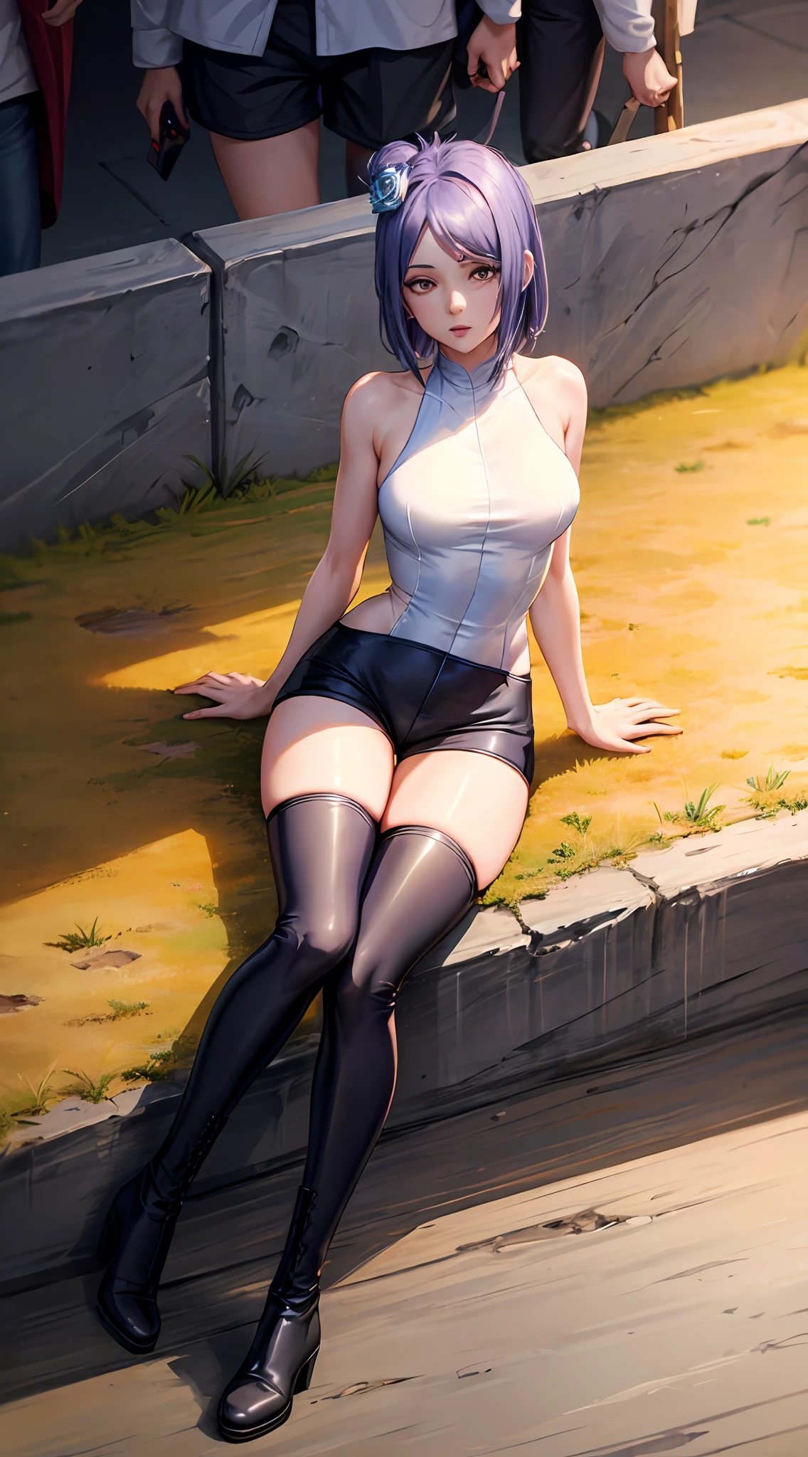 Blue-purple hair，Pure white shirt，Ultra shorts，Black Martin boots，Black transparent one-piece stockings，perfect bodies，the golden ratio，high detal，high qulity，The background is Tiananmen Square