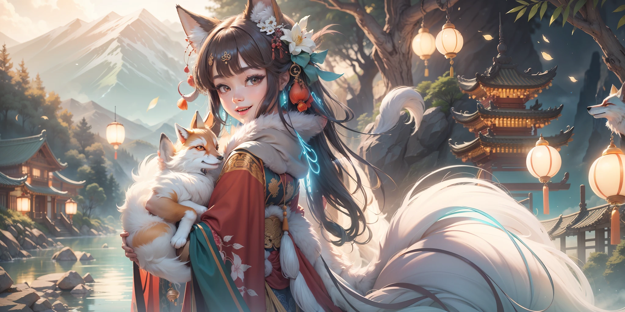 Bamboo forest background, mountains, huge rocks, waterfalls, starry sky, Kongming lamp, river, beautiful Chinese style fox fairy, legendary goddess, beautiful face, clear eyes, Chinese traditional dress, cape, fox ears, cold color, panoramic lens, light smoke, looking at the lens, side shot, excited smile, mouth opening, precise details, high contrast, bright and rich colors
