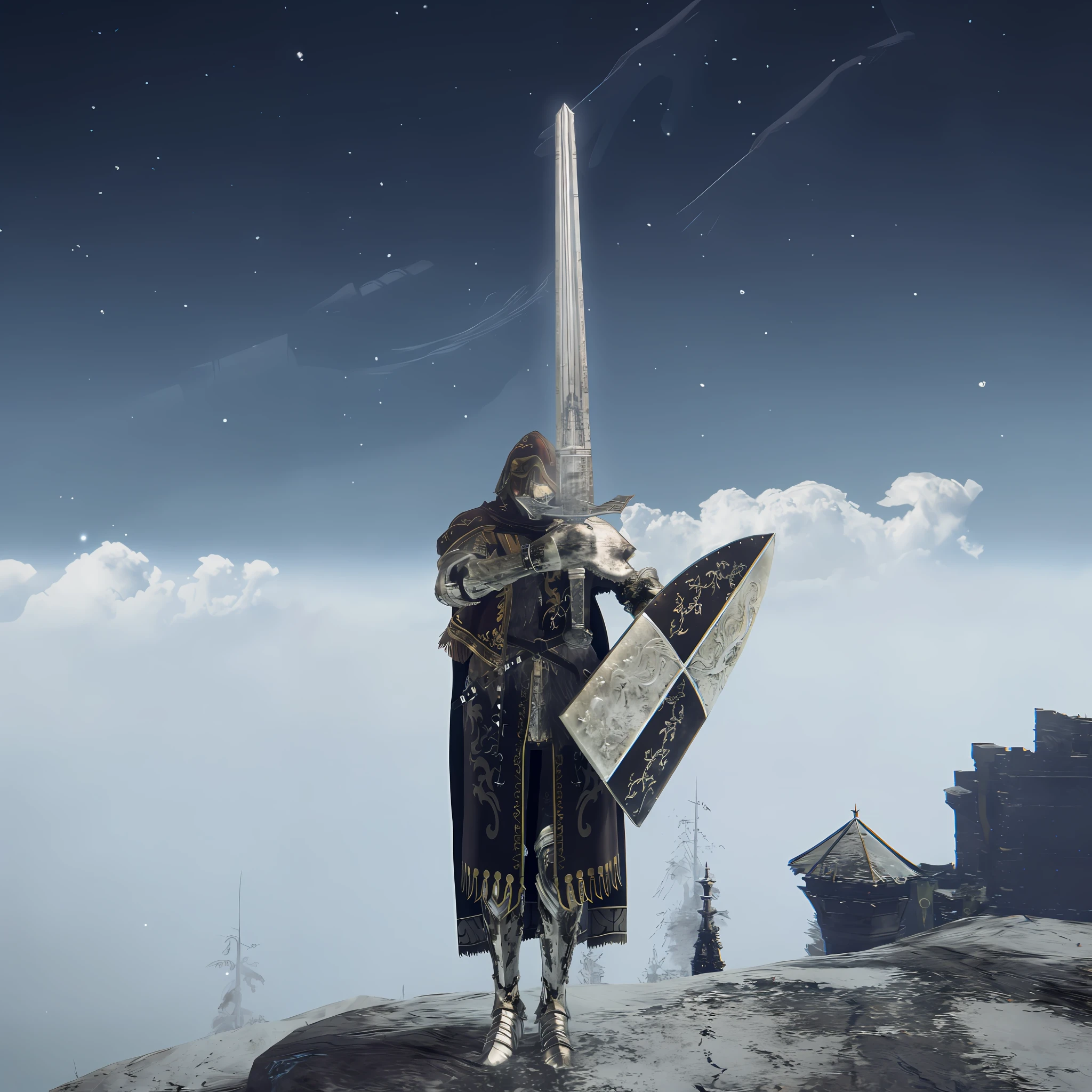 On the hill there was a man in armor holding a sword, chainsword in the other, holding enormous sword, sliver ice color reflected armor, giant sword, Holding a giant sword, strong fantasy knight, The holy sword in his hand, huge oversized sword, with large sword, gothic knight, with leviathan axe, fantasy knight, buster sword, the dark souls knight,red - eyed