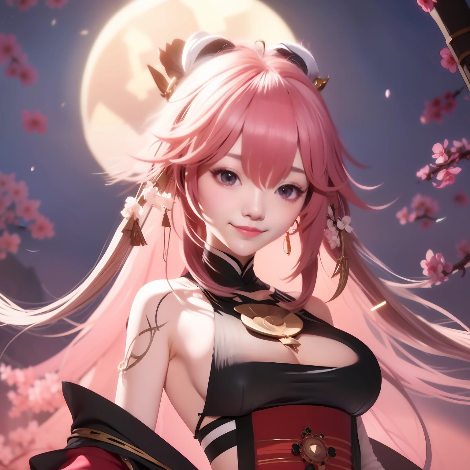 1girl, (ulzzang-6500:0.7), kpop idol, yae miko, detached sleeves, bare shoulders, pink hair, long hair, japanese clothes, best quality, (painting:1.5), (hair ornament:1.35), jewelry, purple eyes, earrings, breasts, torii,  cherry blossoms,  lantern light, depth of field, detailed face, face focus, ribbon_trim, (looking at viewer:1.25), nontraditional miko, shiny skin, long sleeves, smile, thick lips, game cg, hands on lips, east asian architecture, (blurry background:1.2), sitting, upper body, face realistic, delicate eyes, delicate face,