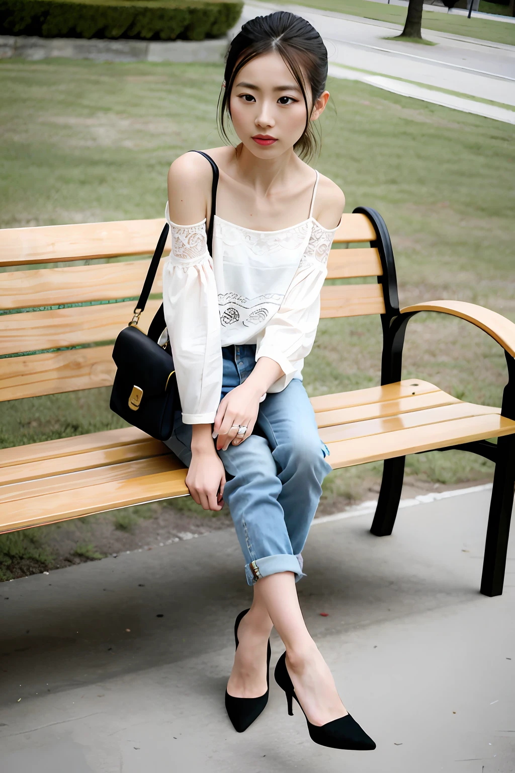there is a woman that is sitting down on a bench, girls resting, sitting on a bench, sitting on a bench, wearing elegant casual clothes, Sitting on a park bench, Sit on a bench, wearing off - white style, dressed with long fluent clothes, arte mista, modern casual clothing, modern fashion outfit, casual modern clothing, woman, casual clothing style,Lace socks:1.3,high-heels,Chinese woman,cropped shoulders