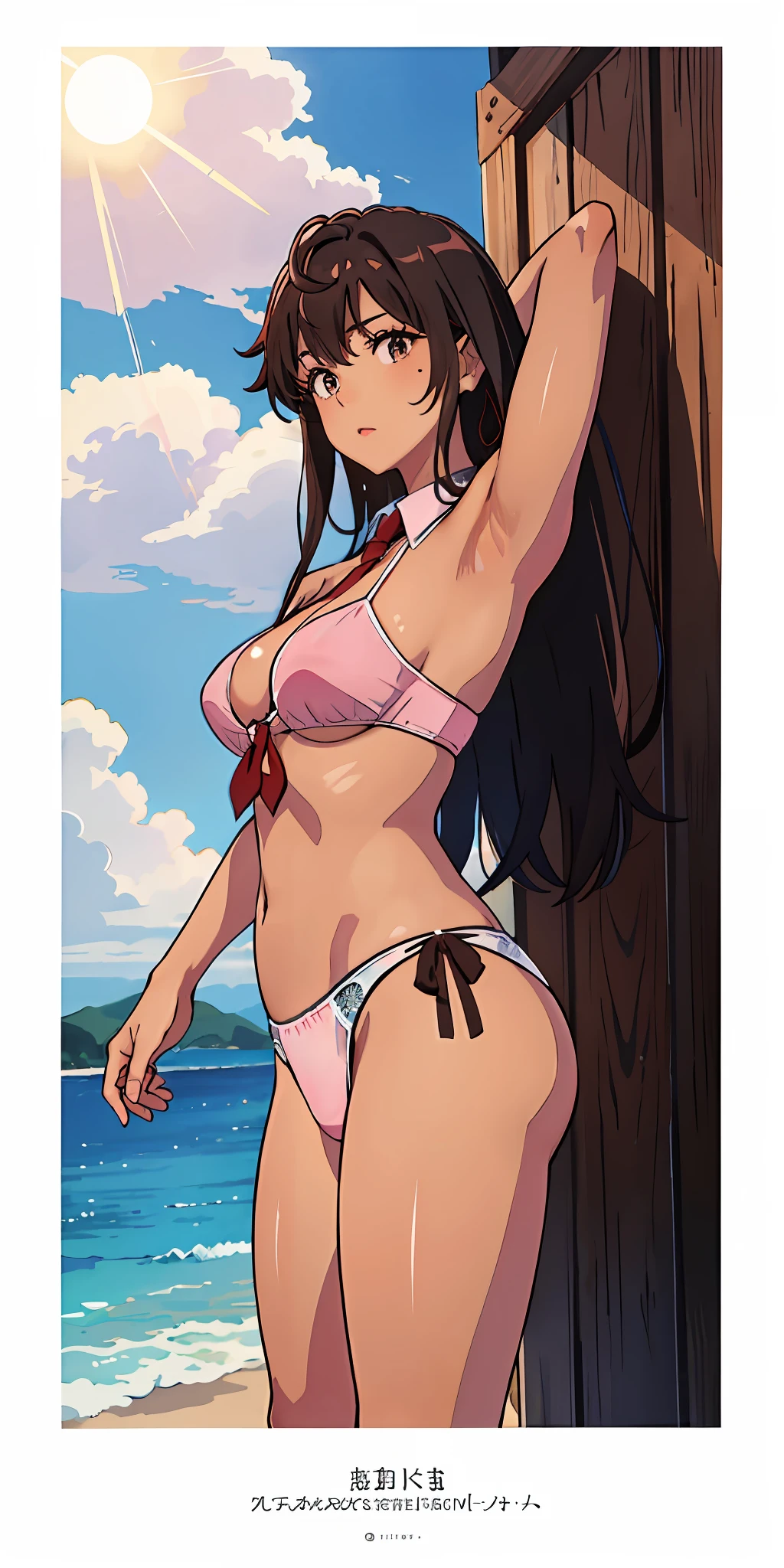 (top-quality、masterpiece)、1girl in、A stunning、((A dark-haired))、barechested、(((Brown skin tone)))、sun burn、Mole、(((Colossal tits)))、large full breasts、Sheer areol、Pink underwear is visible、Show underwear、neck tie、I can see my chest a little