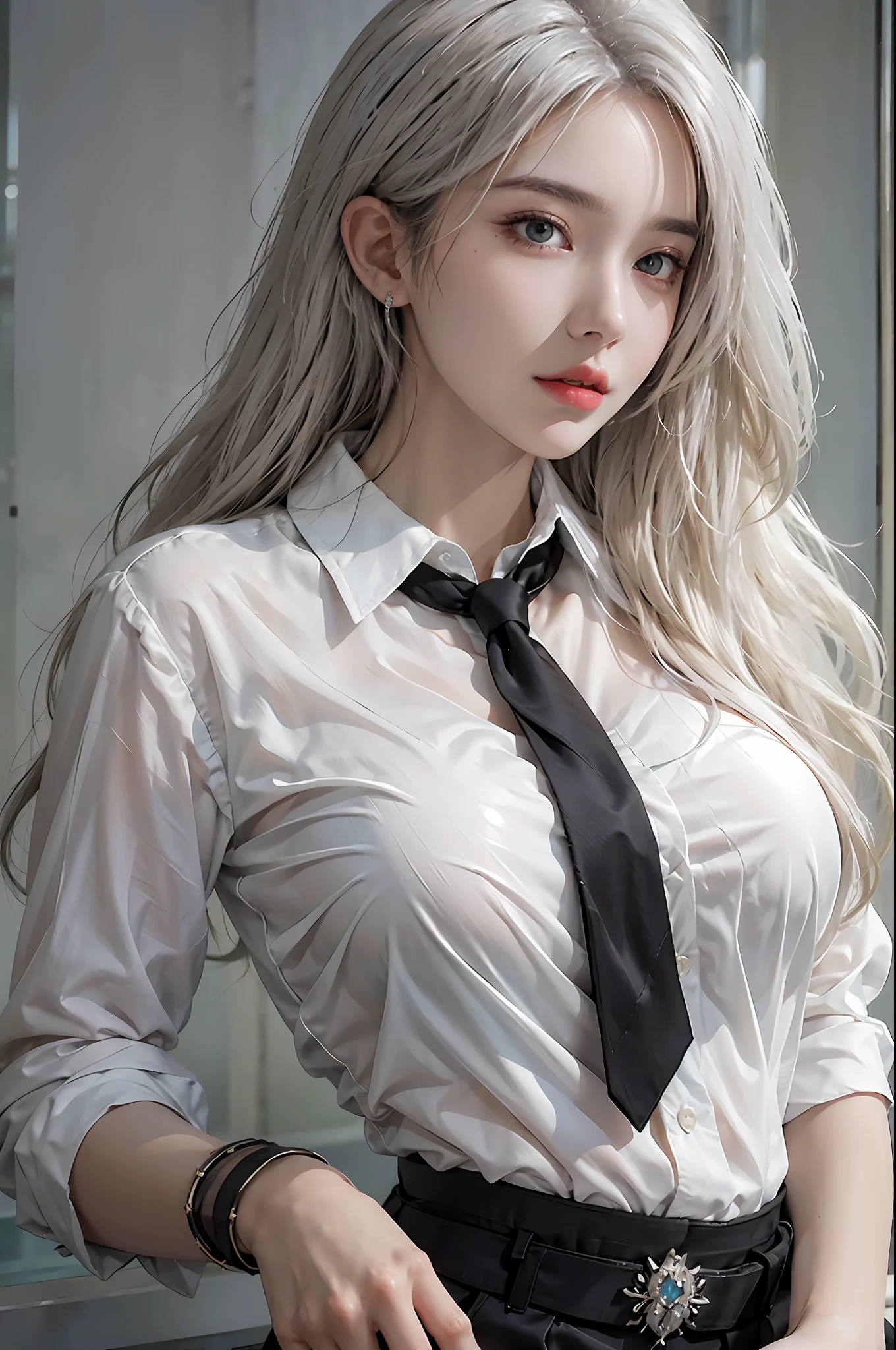 photorealistic, high resolution, 1 woman, solo, hips up, beautiful eyes, white long hair, huge breast, bracelets,elegant necklace, elegant diamond earrings, Secretary uniform, white shirt, black skirt, black stockings