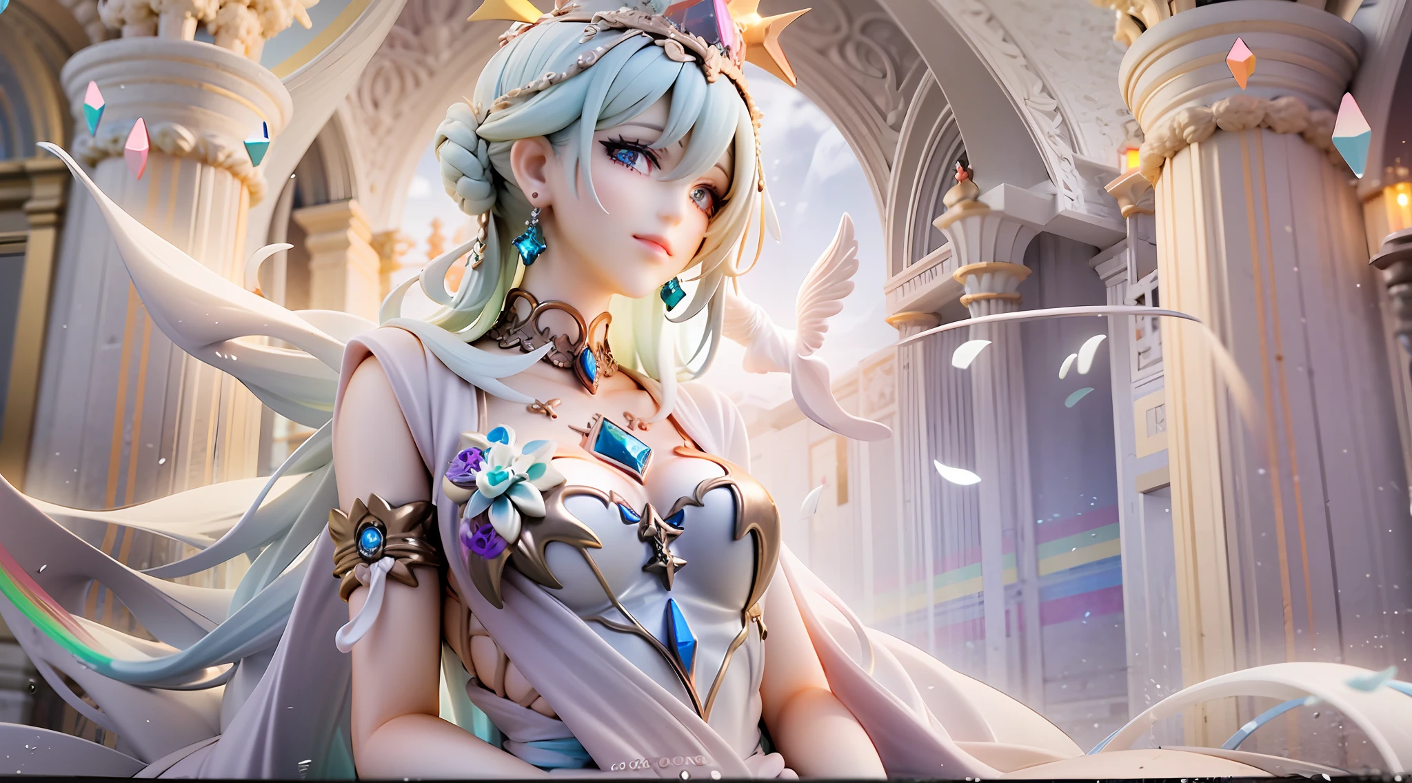 1girl, beautiful eye, smile, prismatic queen, noble and confident expression, thin eyebrows, long white dress adorned with prismatic gemstones, collar spreading like feathers, train embroidered with rainbow colors, white hair, magnificent updo, long, gem-like sparkling blue eyes, regal stance with a hand holding the crown forward, background of a prismatic palace with rainbow light streaming from the ceiling, throne with intricate patterns, shimmering crystals embedded into the palace walls, soft shadows adding depth to her gown, strands of hair glowing subtly with the reflected colors of the surrounding prisms, eyelashes casting delicate shadows on her cheeks, gem-encrusted crown shimmering with a radiant spectrum of colors, curve of her lips hinting at a serene smile, elegant white gloves with delicate lace details, draped fabric of her gown flowing in soft folds, prismatic light reflected in the folds of her gown, delicate, iridescent jewelry adorning her neck and ears, prismatic glow surrounding her form, an aura of radiance and regality, light from the prismatic palace playing off her figure, creating a halo of shimmering colors, atmosphere of serenity and majesty