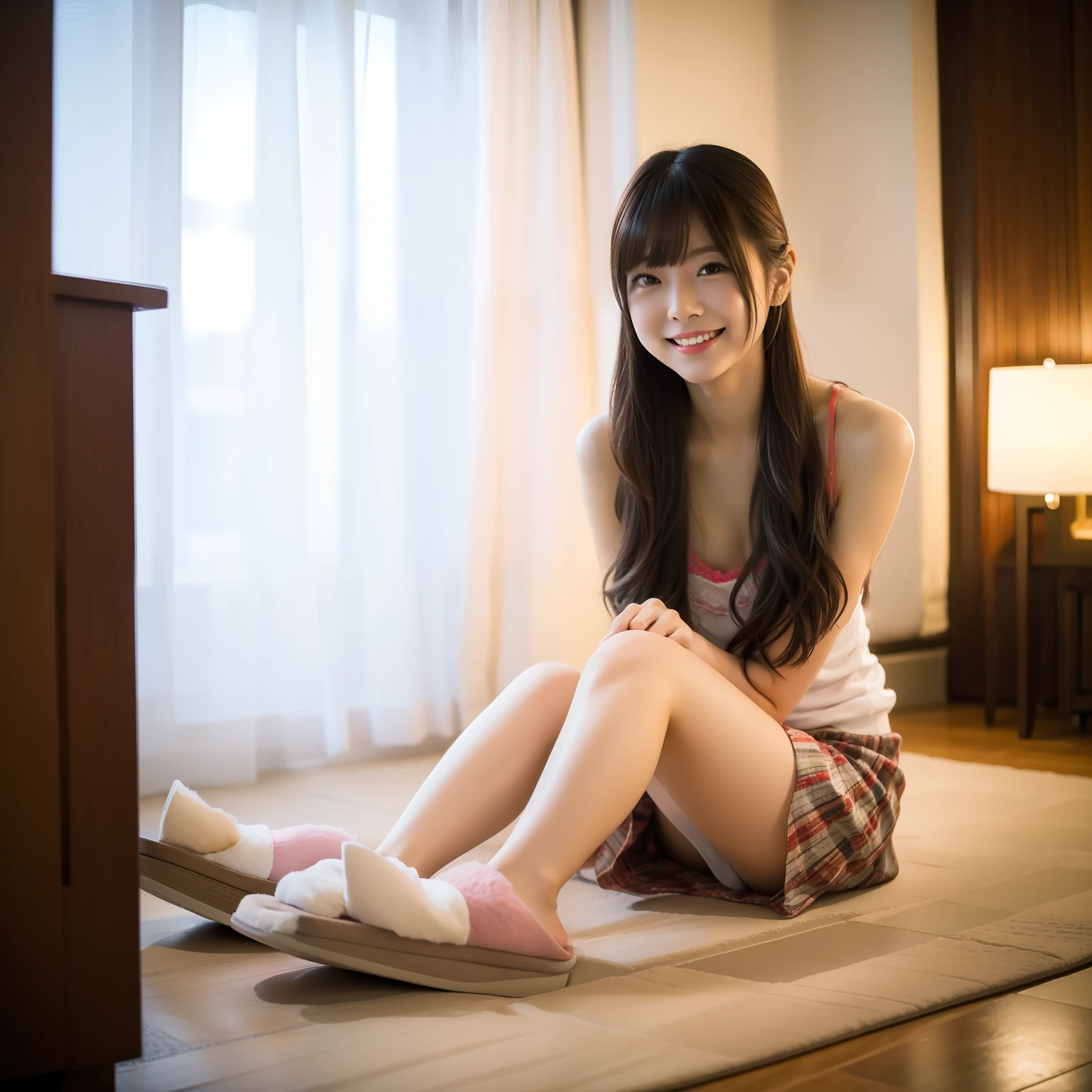 (tmasterpiece,best qualtiy:1.3),extremly high detail,复杂,8K,hdr,the wallpaper,cinmatic lighting,Bedrooms((Eye makeup))((((short skirt:1.lippers))(((Happy expression: 1.8)),full bodyesbian, (Larger chest), Twinkle, old), ((Slimmer figure: 1.5)), (((camisole: 1.5)))), ((Nice hairstyle: 1.5)))),((((ankle)))),((((Toes)))
