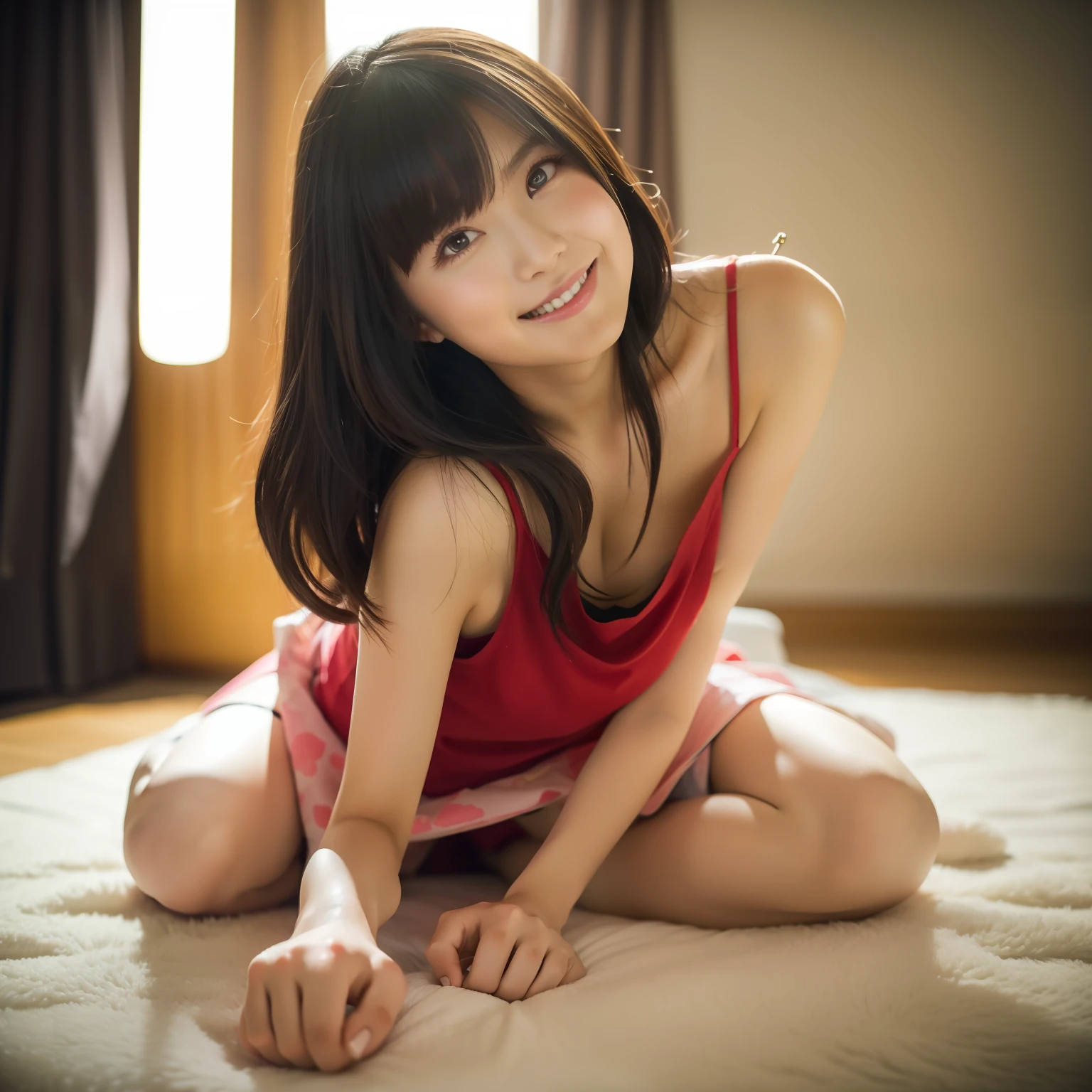 (tmasterpiece,best qualtiy:1.3),extremly high detail,复杂,8K,hdr,the wallpaper,cinmatic lighting,Bedrooms((Eye makeup))((((short skirt:1.5)))),((slippers))(((Happy expression: 1.8)),full bodyesbian, (Larger chest), Twinkle, (20yr old), ((Slimmer figure: 1.5)), (((camisole: 1.5)))), ((Nice hairstyle: 1.5)))),((((ankle)))),((((Toes)))