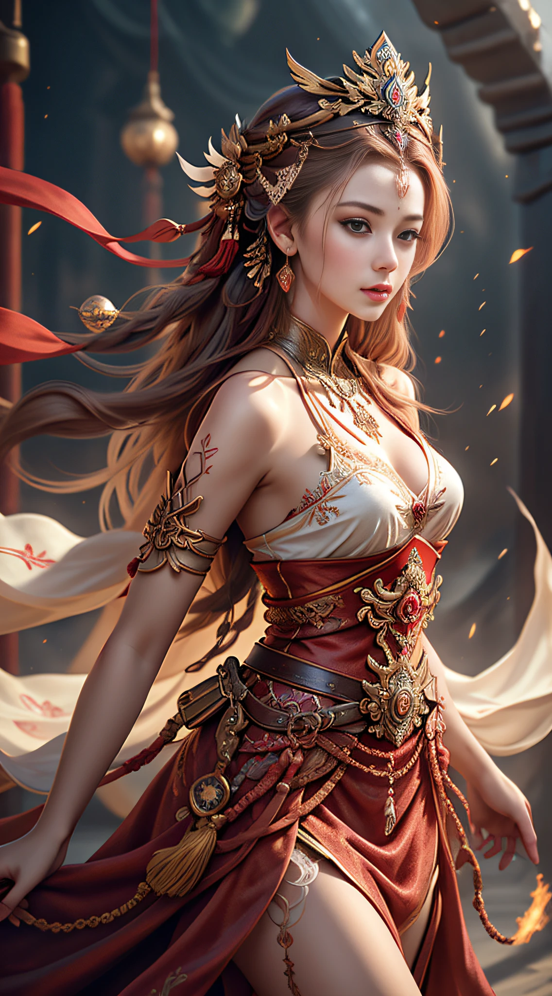 best qualtiy,tmasterpiece,Ultra-detailed high resolution,(Seductive:2.0),(Empty eyes:2.0),(realisticlying:1.4),RAW photogr,,illustratio,wanjian,multiple weapons(glowing weapon) 1 girls dancing,(独奏:1.2),(cowboy lens:1.2),(Hair crown:1.2),Traditional costumes of Dunhuang, China,(Red eyeliner:1.2),(unholy:1.4),(v neck:1.5),(big necklace:1.4),lace armour,(Evil eyes:2.0),(looking toward the viewer:2.0),耳Nipple Ring,dynamic angle,opera house,messy_long_hair,ink,电影灯光,lens_flare, velvet,nipple tassels,ribbons,color embroidery, white gold red,