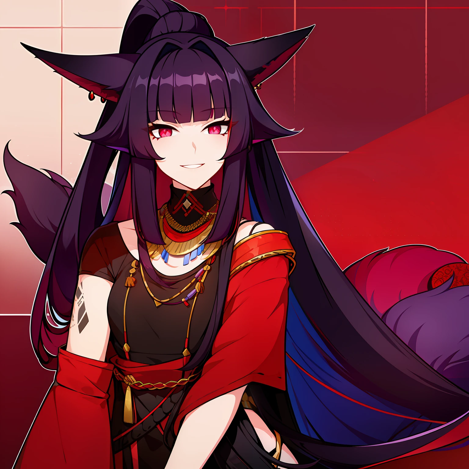 Young guy, pretty facial features, long dark purple hair, half gathered in messy ponytail, half loose, dangerous bright red eyes, black fit clothes with many jewels, fox ears and tail, mad smile