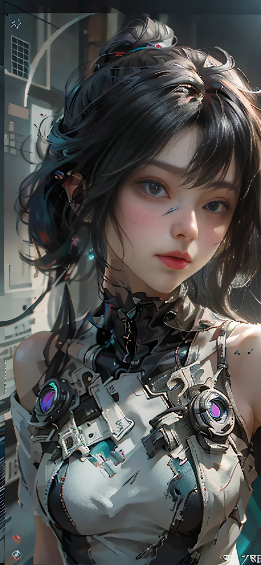 ((best qualtiy)), ((tmasterpiece)), (the detail:1.4),(extremely detailed CG unity 8k wal), 3D, A beautiful cyberpunk female image,HDR(HighDynamicRange),Ray traching,NVIDIA RTX,Super-Resolution,Unreal 5,Subsurface scattering、PBR Texture、post-proces、Anisotropy Filtering、depth of fields、maximum definition and sharpness、Many-Layer Textures、Albedo e mapas Speculares、Surface Coloring、Accurate simulation of light-material interactions、perfectly proportions、Octane Render、Two-colored light、largeaperture、Low ISO、White balance、the rule of thirds、8K RAW、Finger details,Delicate facial features,Focus on the face,smallunderboob