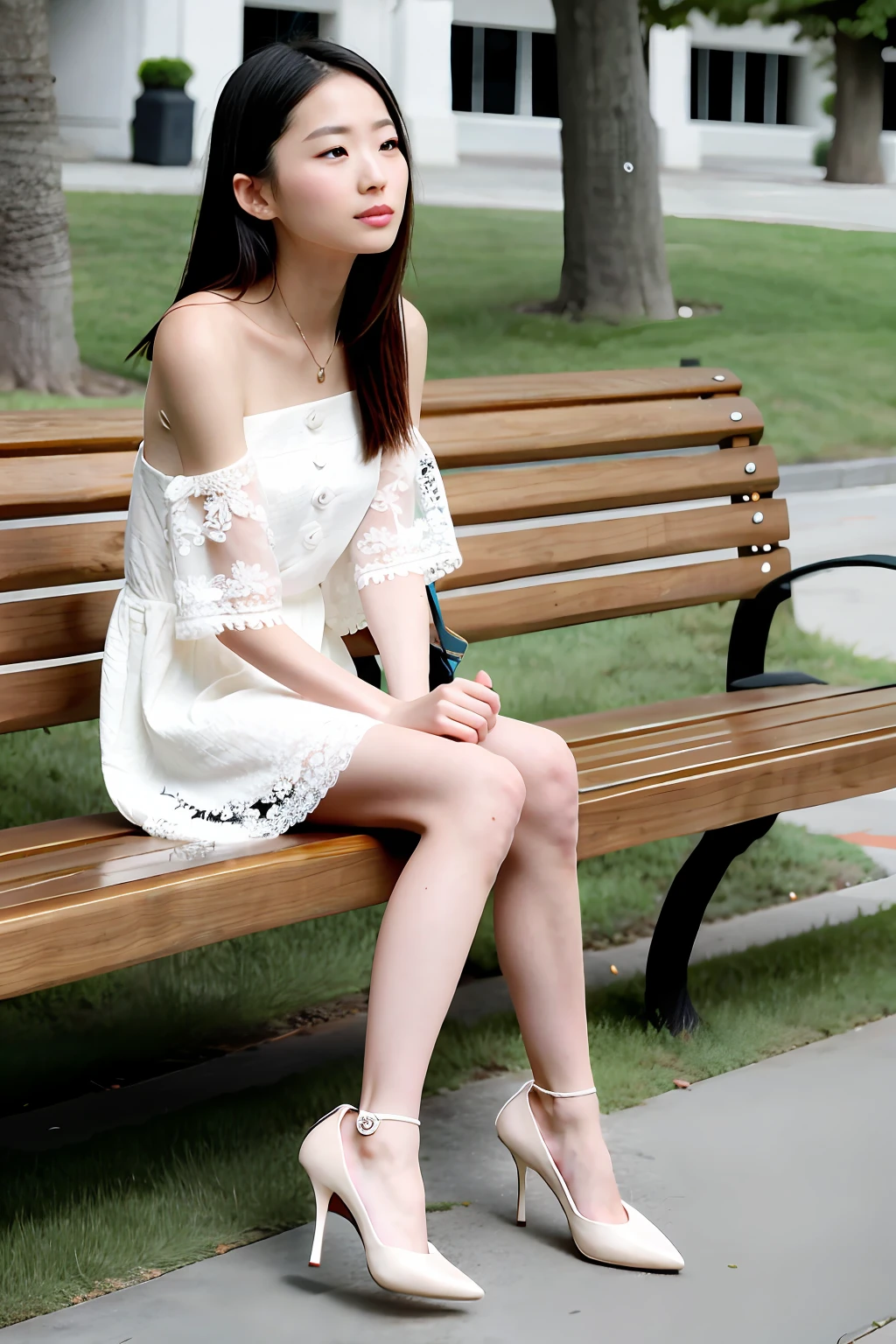 there is a woman that is sitting down on a bench, girls resting, sitting on a bench, sitting on a bench, wearing elegant casual clothes, Sitting on a park bench, Sit on a bench, wearing off - white style, dressed with long fluent clothes, arte mista, modern casual clothing, modern fashion outfit, casual modern clothing, woman, casual clothing style,Lace socks:1.3,high-heels,Chinese woman,cropped shoulders