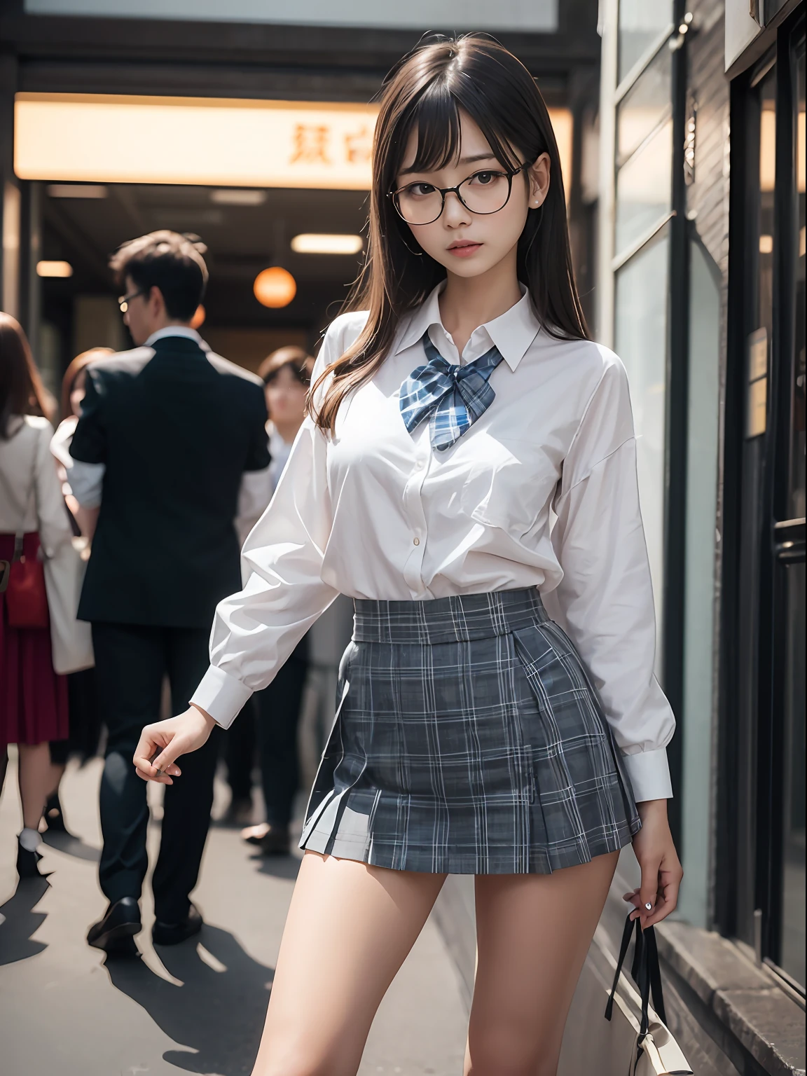 (8K、Raw photography、top-quality、masterpiece:1.2),absurderes,a small face,small tits,flat breast,Parting the bangs from the middle、Forehead visible,(Tight eyes,Bullish,skinny,Rasping,irate)、masterpiece,top-quality、超A high resolution,Raw photo,ren,Beautiful fece,One Person, 独奏,eye glass,,Dark look,Small breasts,fullllbody,Round glasses、cute little、A Japanese Lady,is standing,(Tight eyes,Bullish,skinny,Rasping,irate,small tits,flat breast)、(Photorealsitic:1.37)、Photon mapping,Light blue ribbon,Realistic、Cute little face,Brown-eyed、Black socks、(Red bow tie)、Radio City、Physically Based Rendering、Foreground、depth of fields、Blurry background、a picture,The girls、Body, Long legs, Thin leg,Semi-long,(Bangs are visible), hair, s lips, Blue_The eye, nosesoft,White shirt, Navy blue and white plaid pleated skirt, Knees are visible,Sheer clothing,, Thigh, Black cotton socks,Nogizaka Idol, 女優, Japanese ido