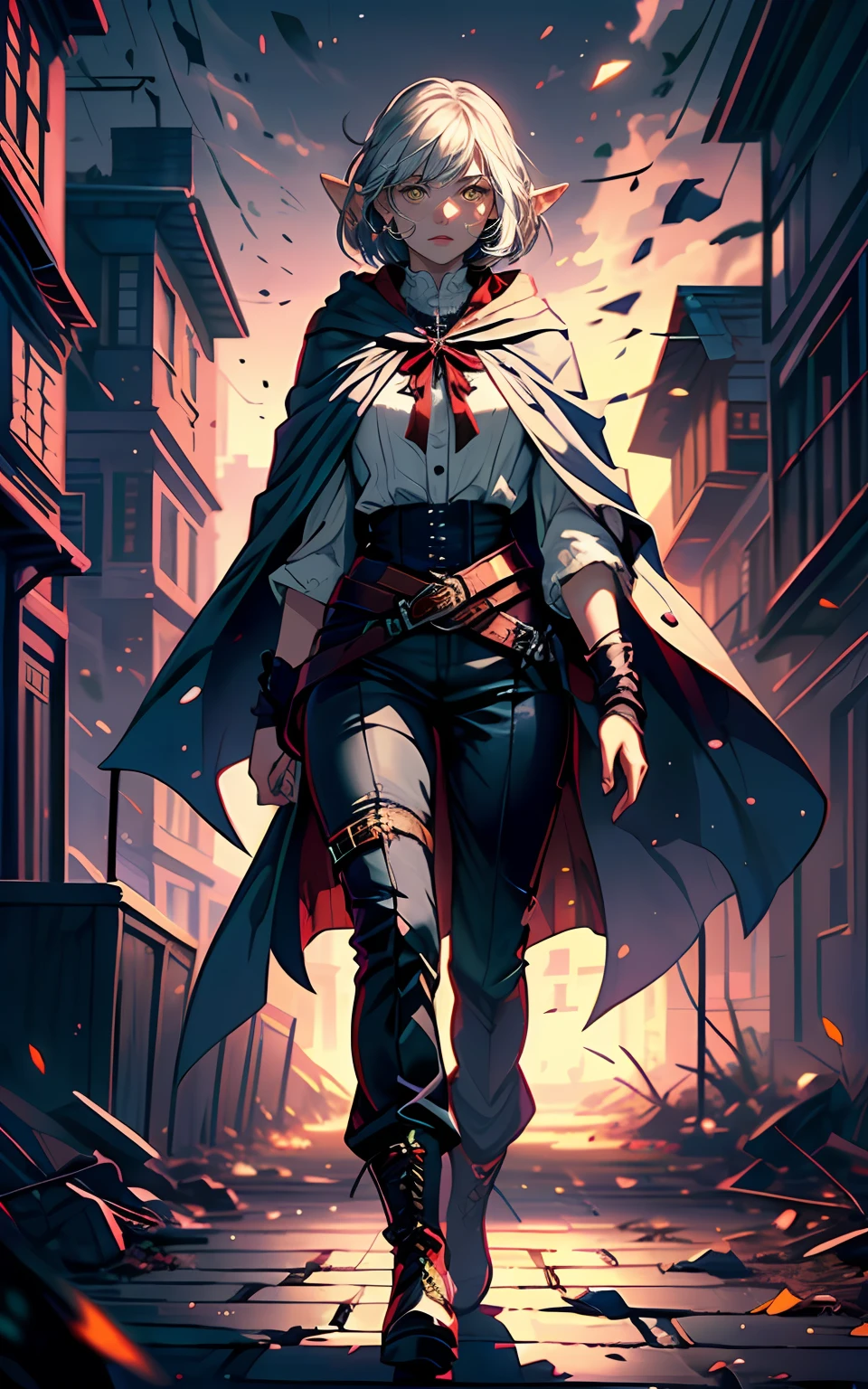 (1girl, solo, portrait: 1.5), (realistic face: 1.3), award-winning photography, girl (elven ears, young, cute face: 1.1), thin, fragile, straight hair, disheveled hair, (white cloak with red accents, asin cloak, victorian cloak), adventurer's clothes, glowing eyes, (gray hair: 1.2), (bob's haircut), (yellow eyes), (using dark magic: 1.2), posing in the dark ruins of the city, (rim lighting, :1.4) Two-color lighting, sharp focus, octane rating, unreal, world falling apart