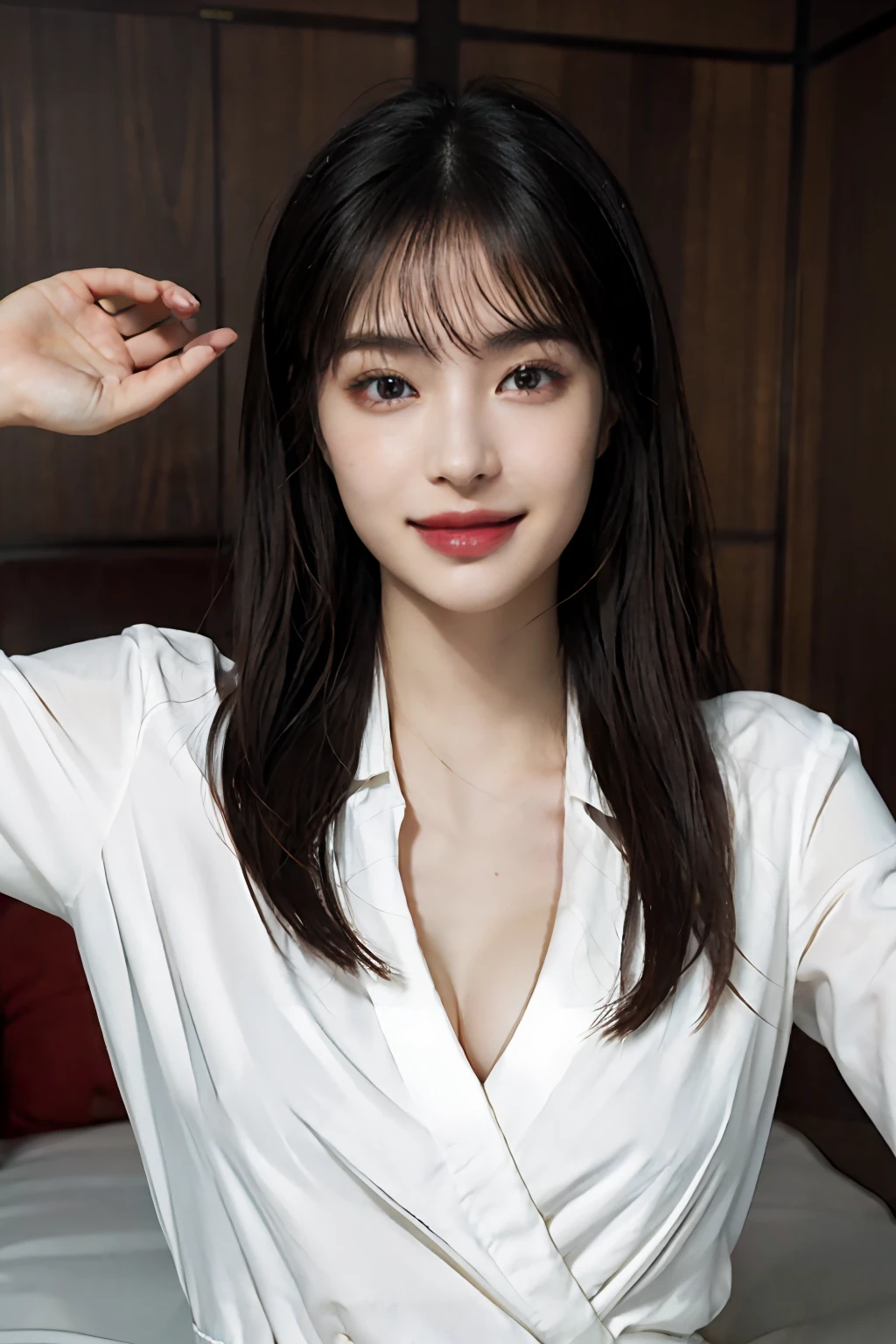 ​masterpiece、top-quality、realisitic、(A hyper-realistic), (illustratio), (hight resolution), (8K), (ighly detailed), (The best illustrations), (beatiful detailed eyes), (top-quality), (ultra-detailliert), (​masterpiece), (wall-paper), (详细的脸), a bed、Upper body close-up,Armpit, A smile,Plump,独奏,（Wearing a silk plunged :1.5）, full of sweat, japanes, large full , (camel's toe)、huge-breasted、Luxury living room、Detailed white teeth、ultimate beauty girl、、Wrap a red ribbon around your neck、perfect teeth、（handsome hair）、Navel、Light makeup、（Brown eyebrows）、（Brown hair）、