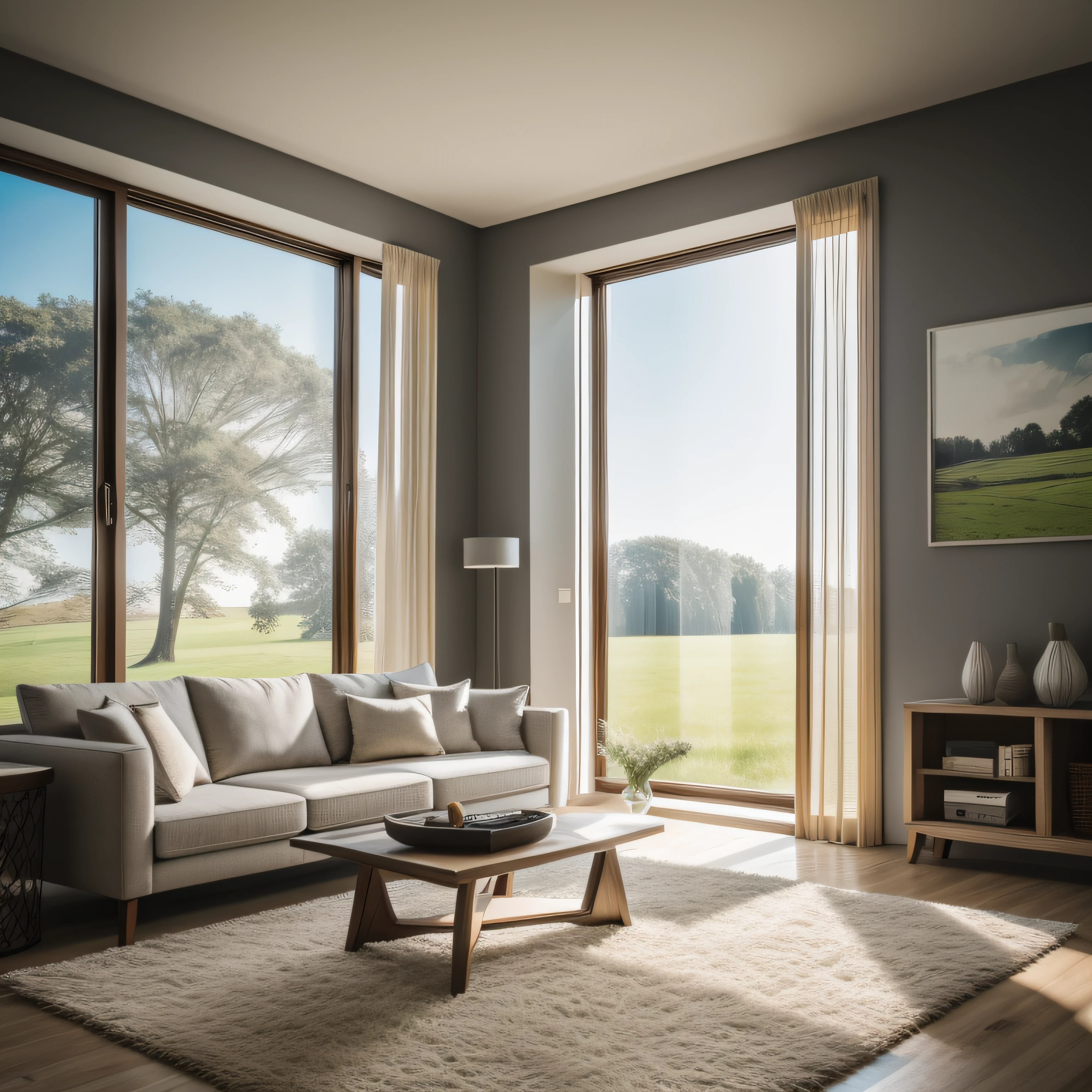 Living room sofa+floor to ceiling window+grass field+Clear day+Natural scene combined,Best quality photo rendering,9K photography,extreme hight detail,Perfect light and shadow