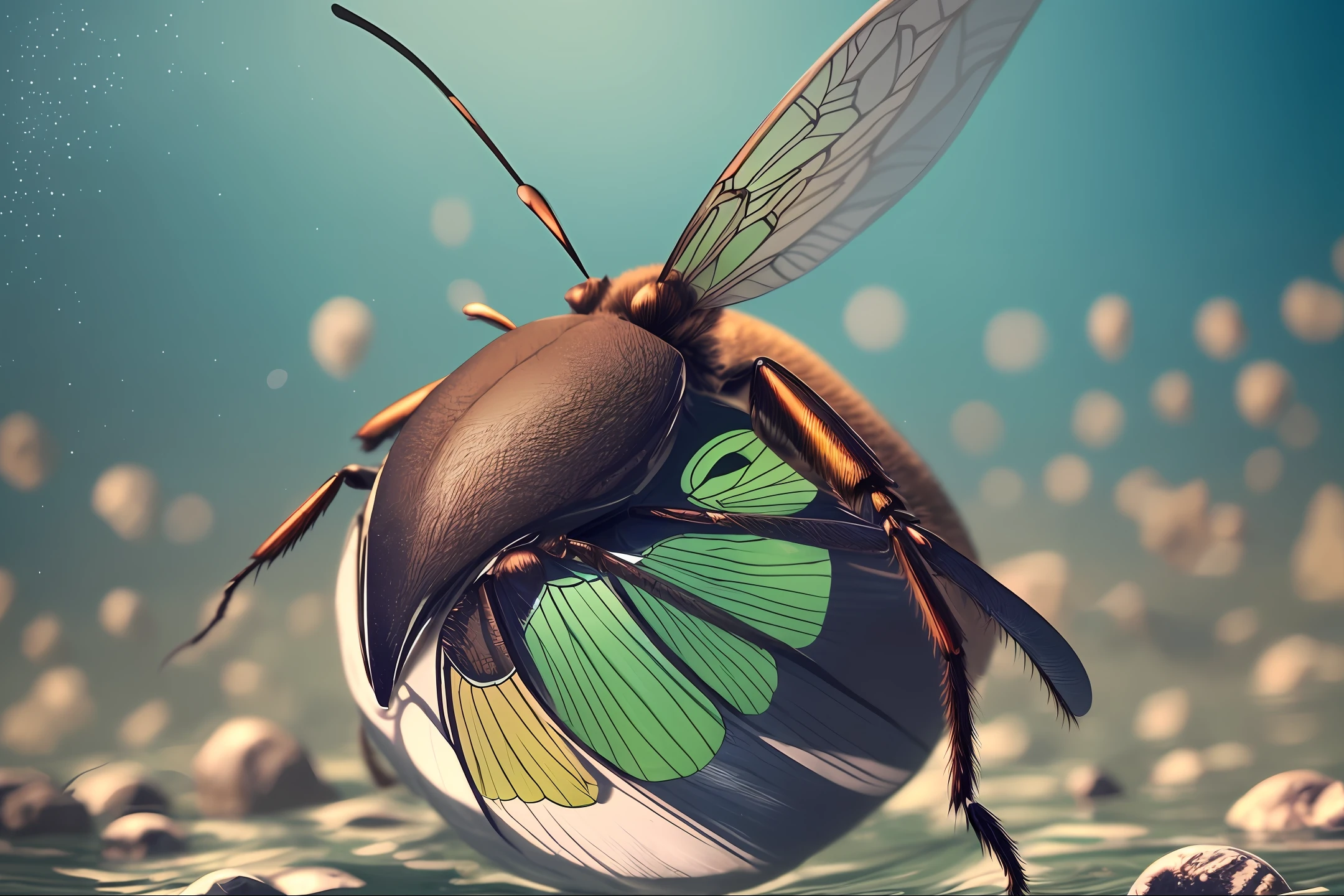 Frame from the film. Funny and bizarre multi-colored insects of the planet Vilka soar above the water, kind, broadly and affably smile. Close-up. Warm, muted colors. Lots of details. Super photorealistic. Disney style cartoon. 8k. fantasy blurred background. Light haze. --auto --s2